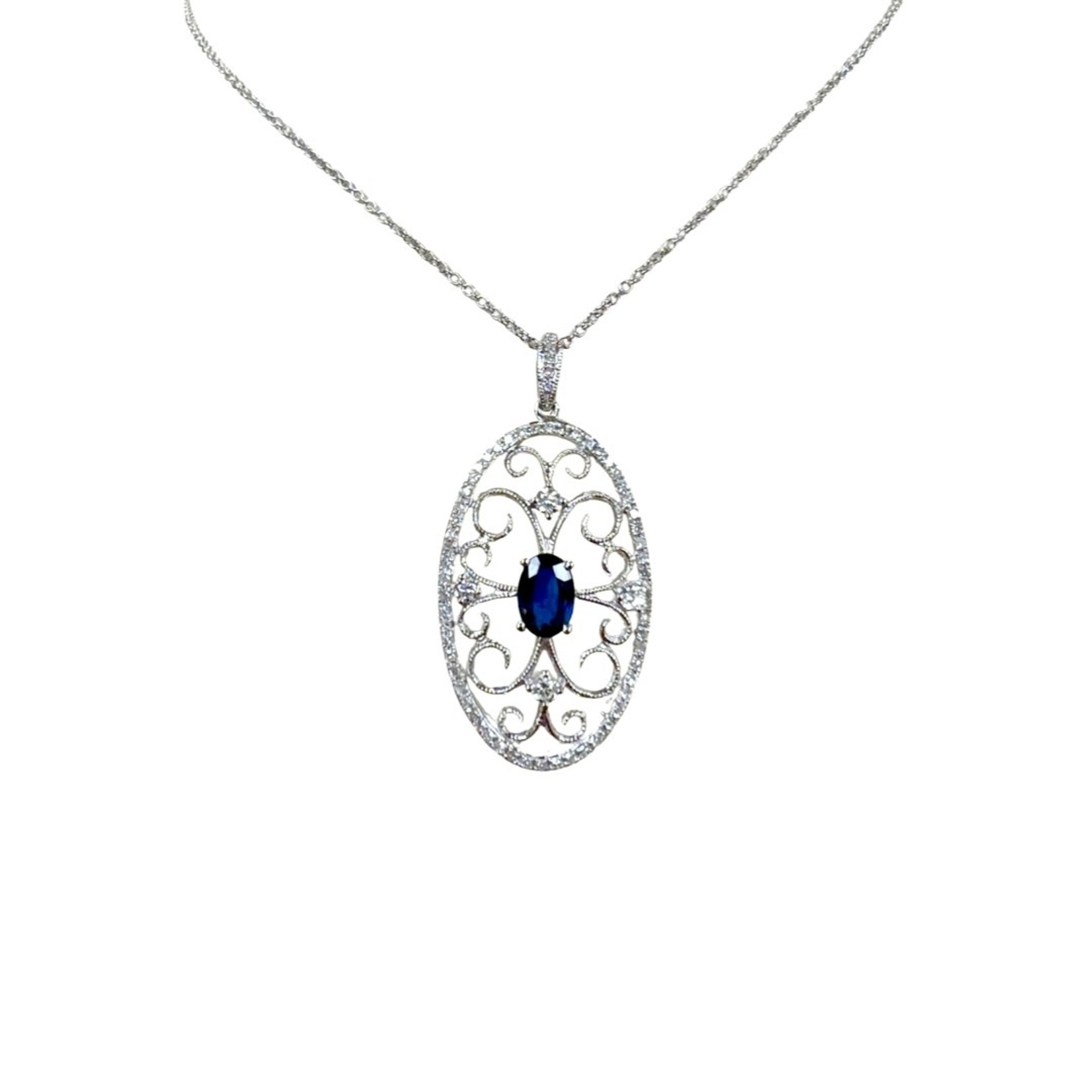 14K White Gold Oval Filigree Sapphire & Diamond Pendant