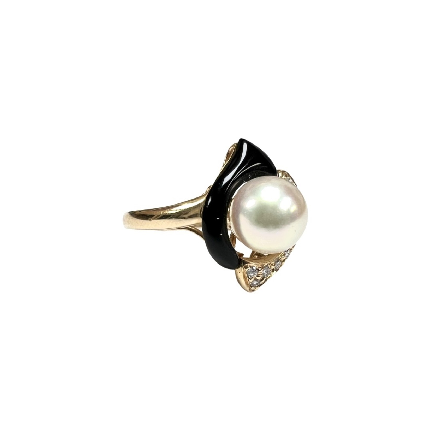14K Yellow Gold  Pearl, Diamond & Onyx Ring