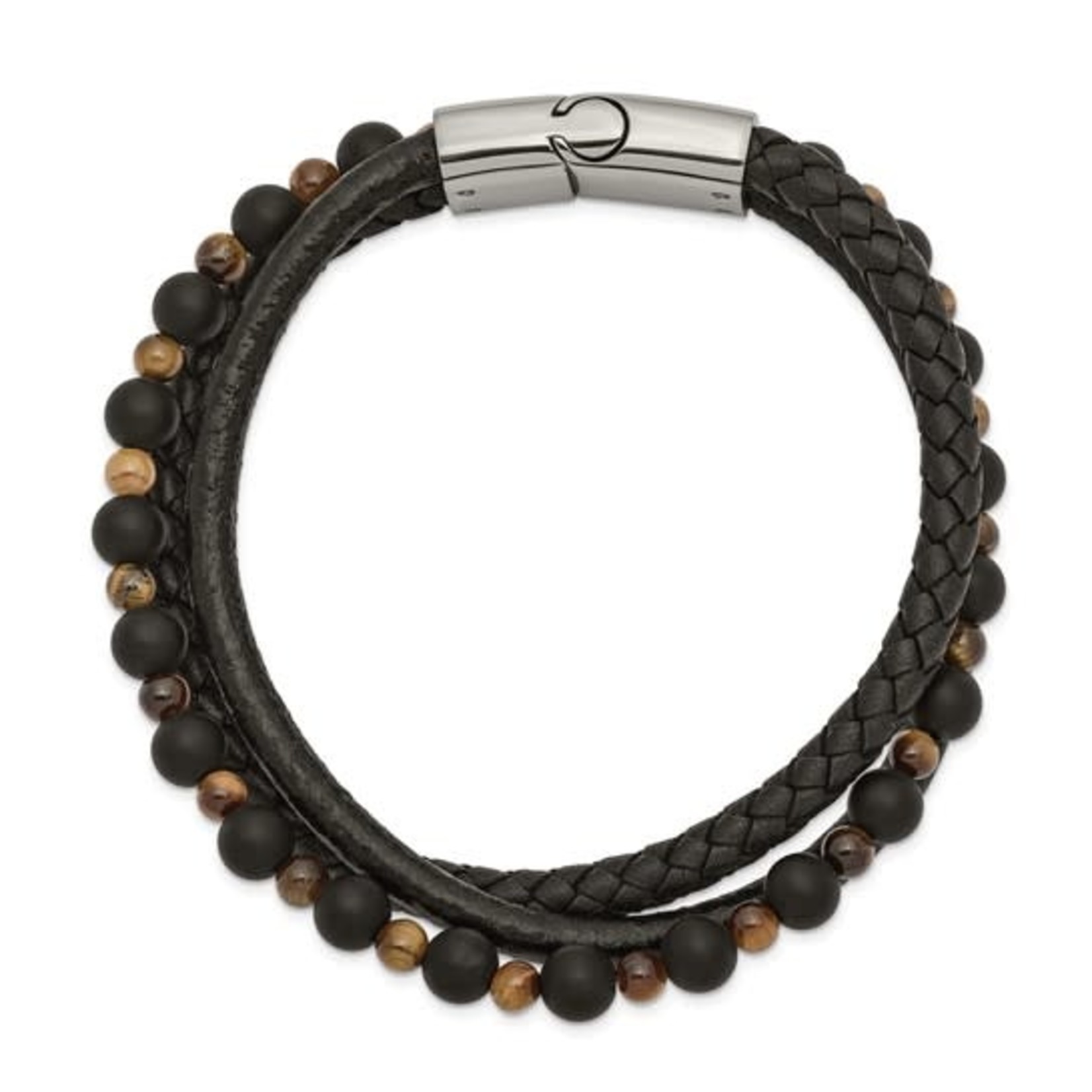 Black Braided Leather, Stainless Steel, Tiger's Eye & Agate Bracelet