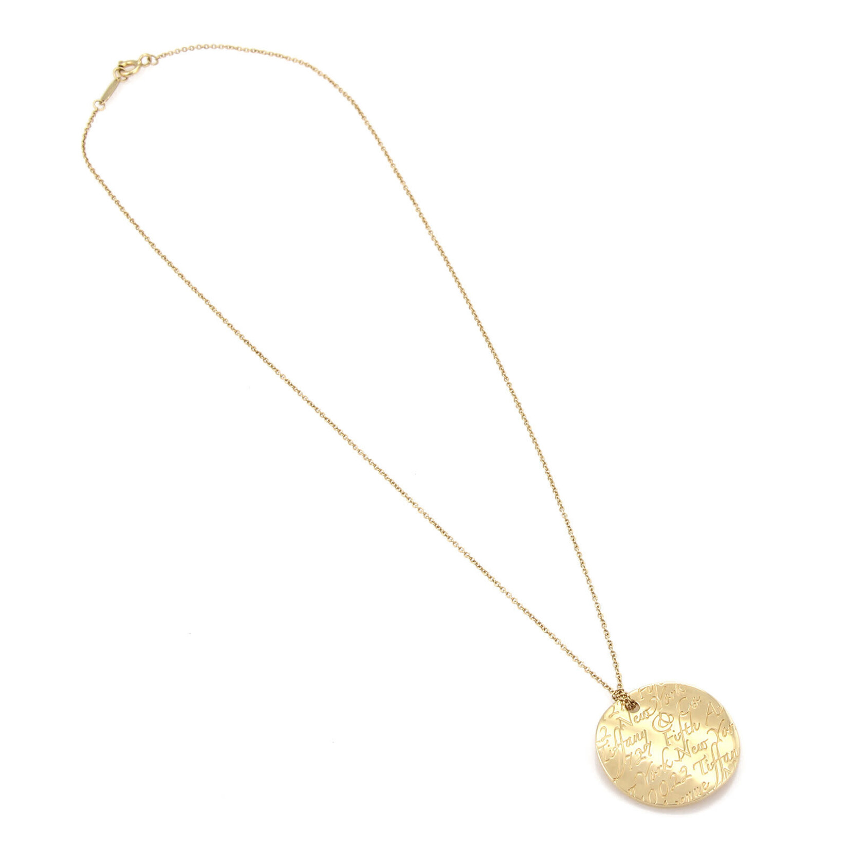 Tiffany & Co. 18k YG  New York Address Etched on Wave Disc Necklace