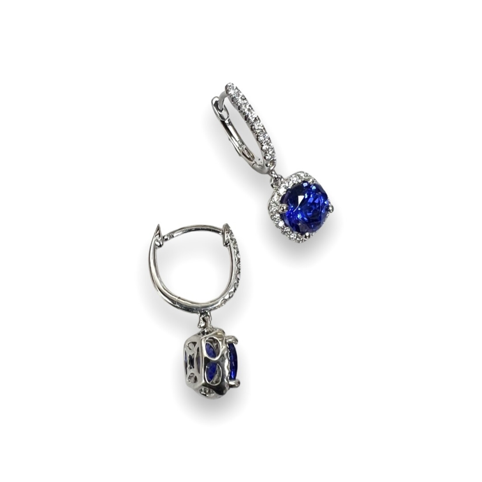 18K White Gold Tanzanite  & Diamond Halo Drop Earrings