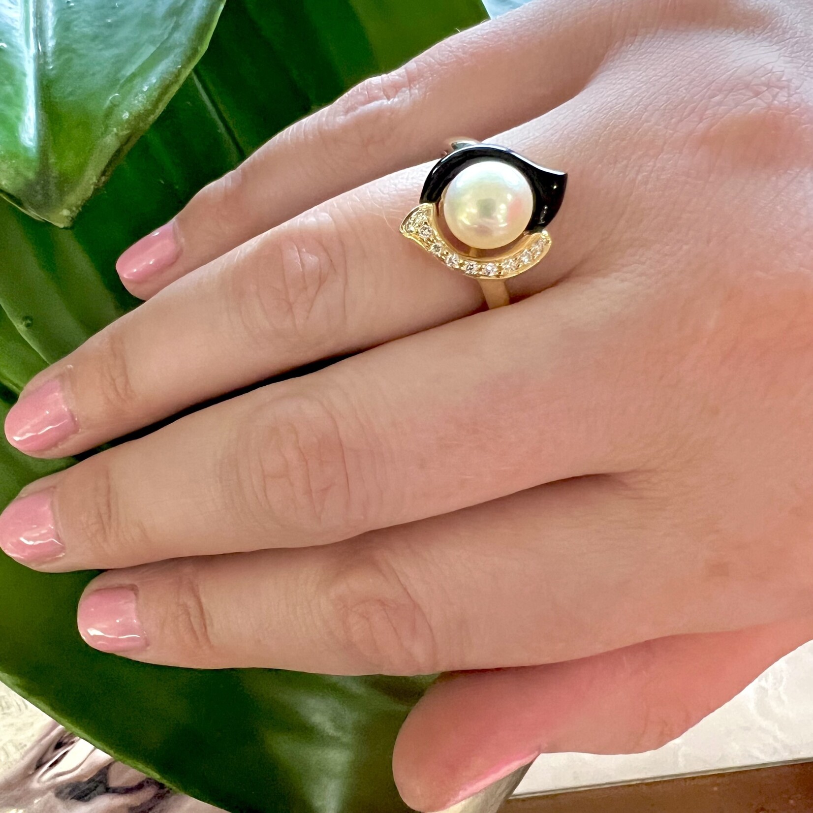 14K Yellow Gold  Pearl, Diamond & Onyx Ring