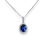 18K White Gold Oval Sapphire & Diamond Halo Pendant