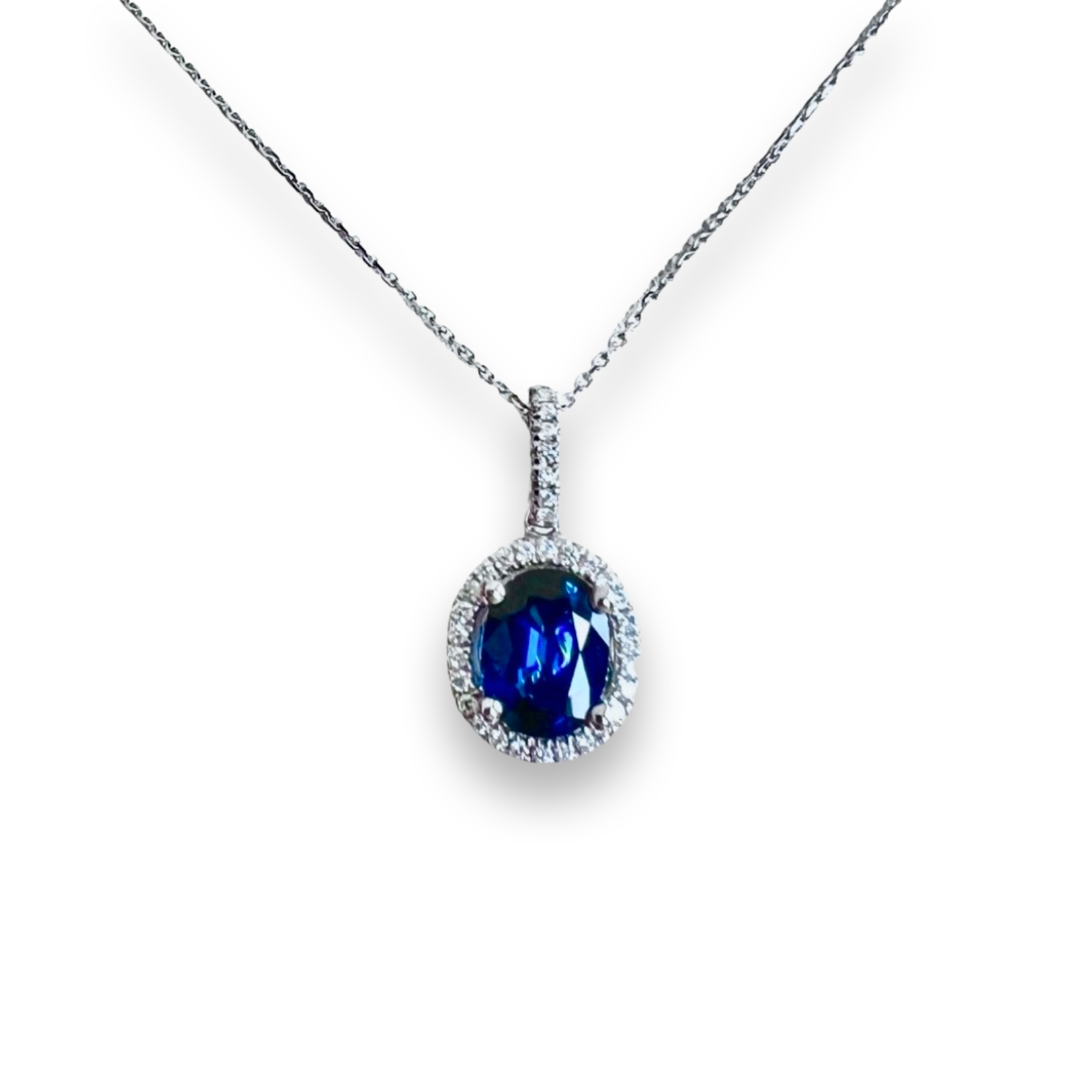 14K White Gold Oval Sapphire and Diamond Teardrop Shape Necklace | John  Thomas Jewelers