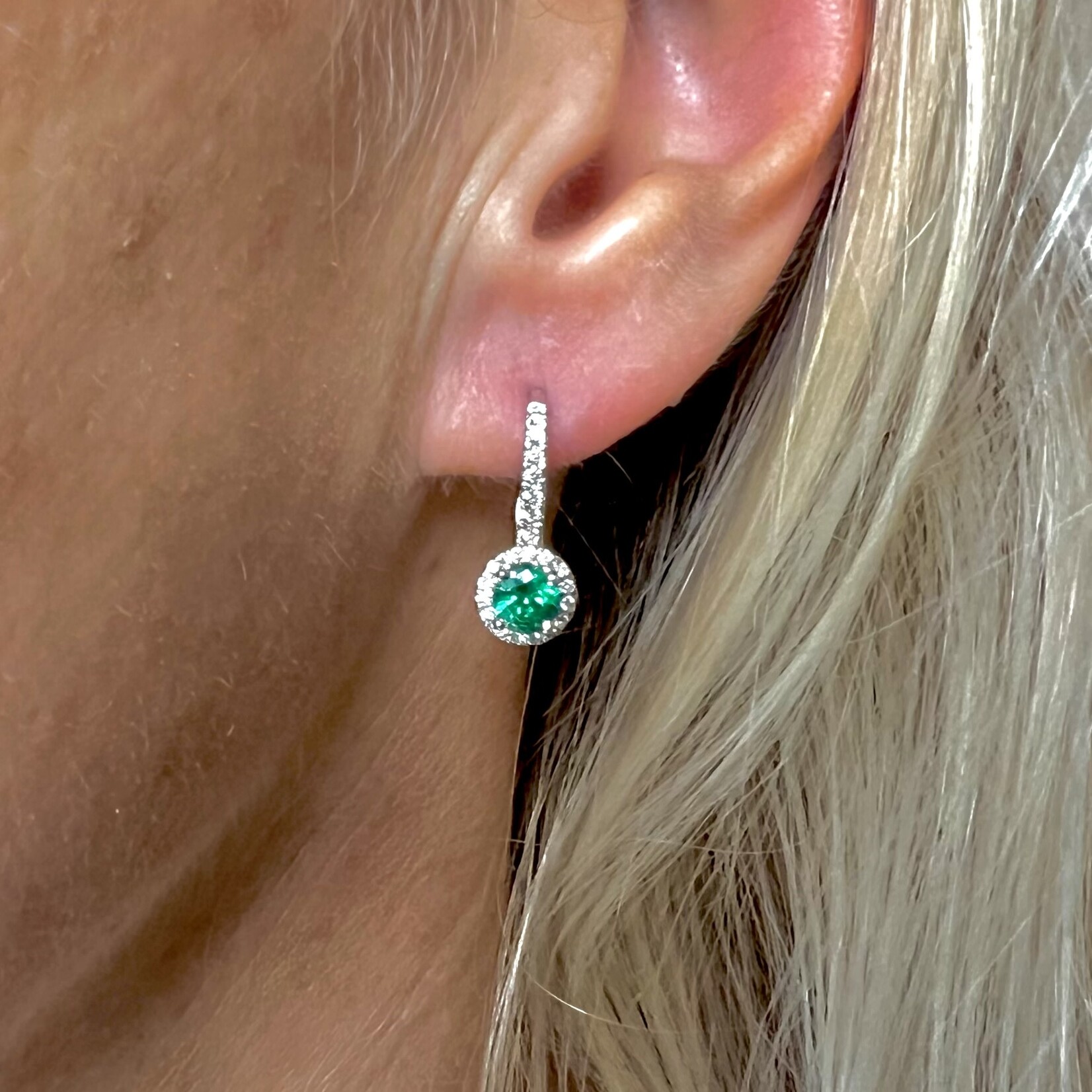 18K White Gold Emerald Halo Drop Earrings