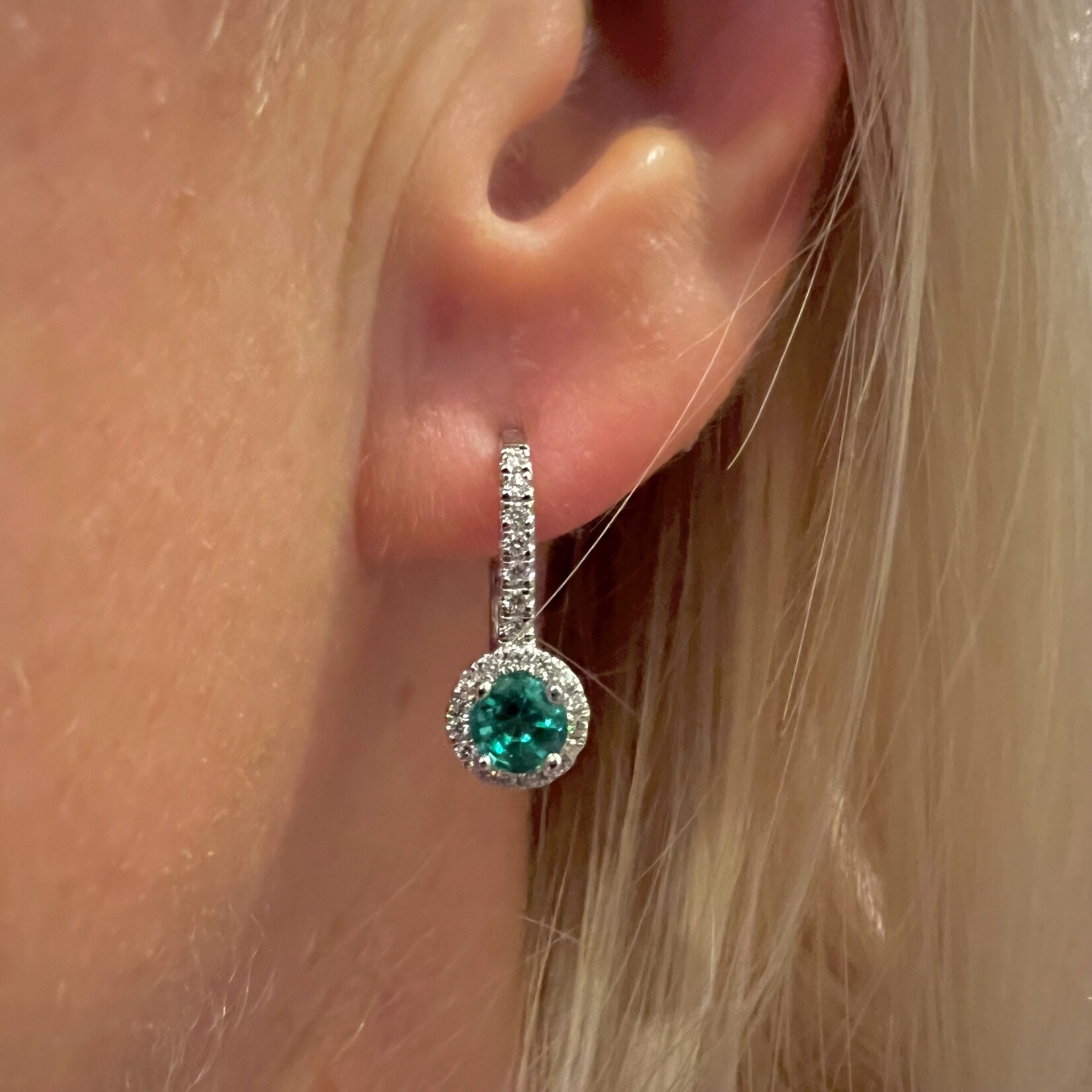 18K White Gold Emerald Halo Drop Earrings