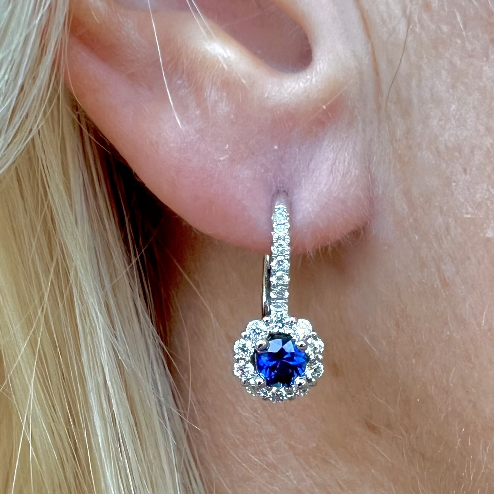 18K White Gold Sapphire & Dia Halo Drop Earrings