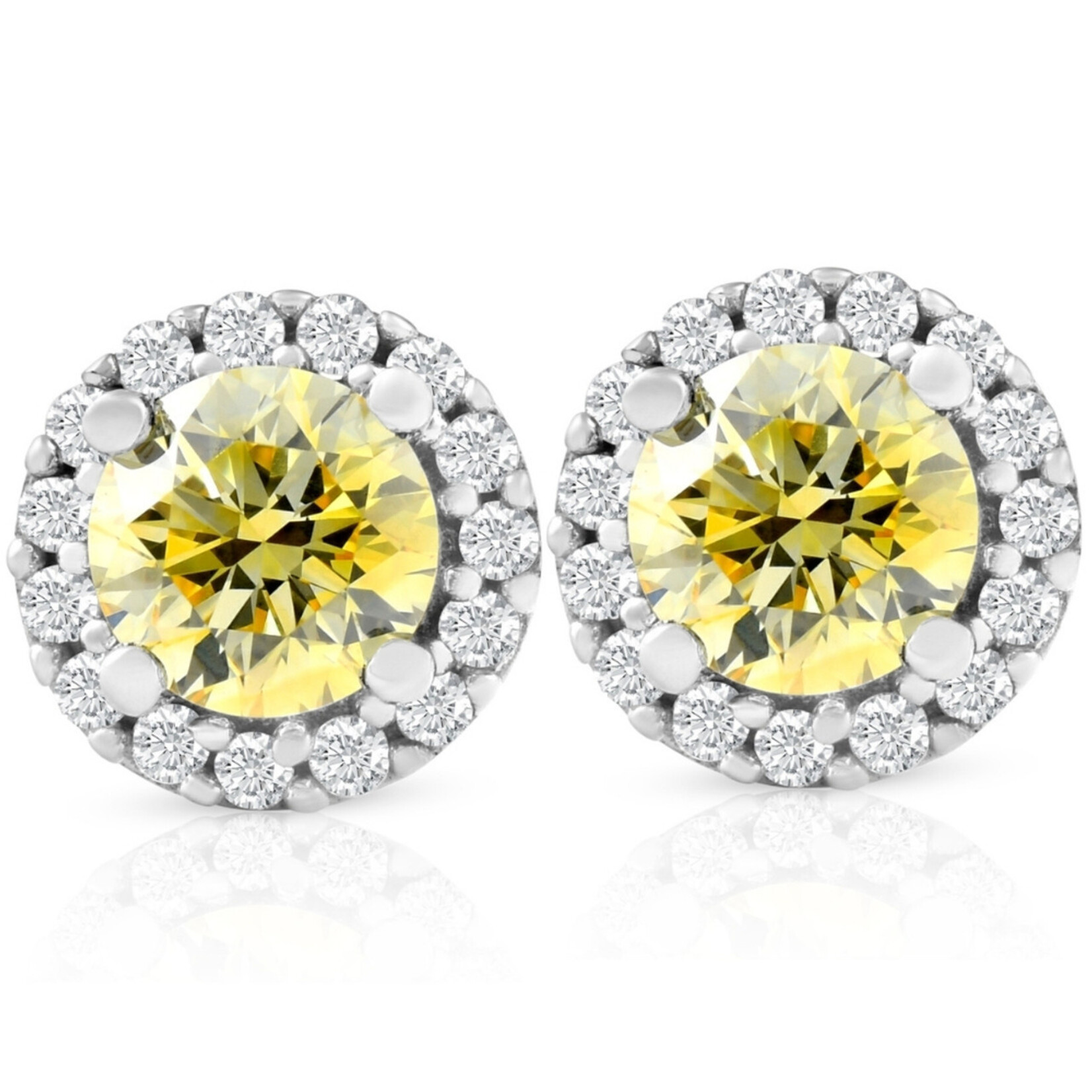 18K Two Tone Gold Fancy Yellow Diamond Halo Stud Earrings
