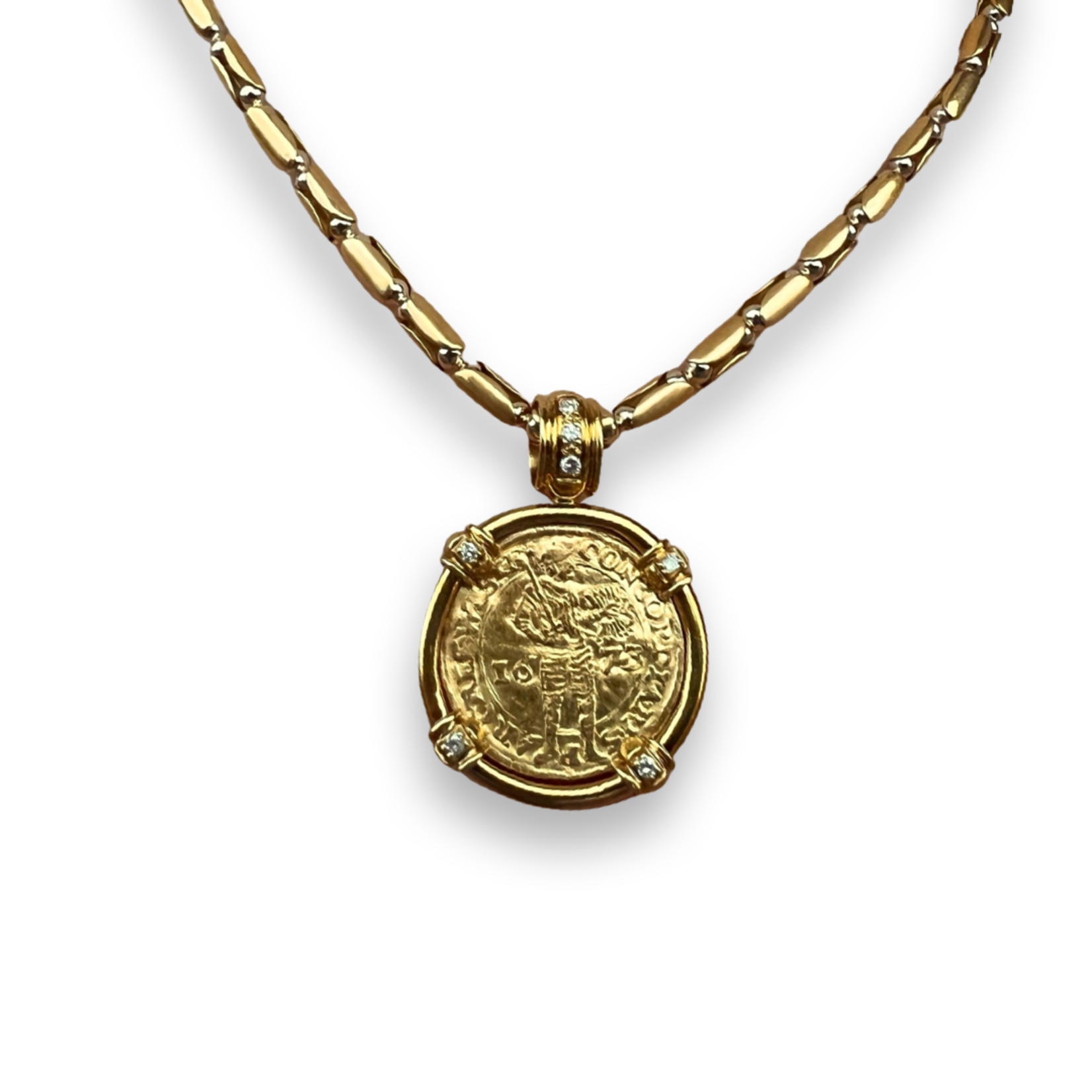 18K Yellow Gold Coin Necklace & Dia Bezel Bead Link Chain