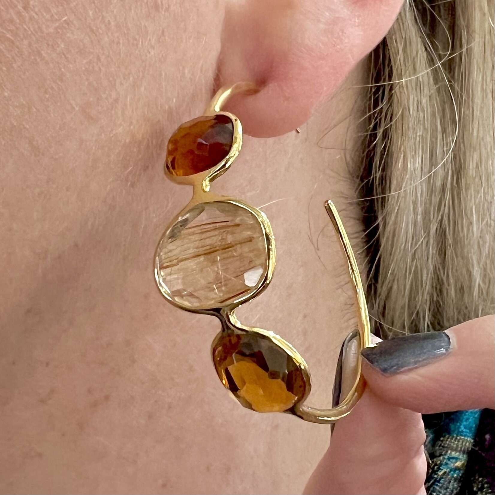 18K Yellow Gold Mandarine Citrine, Citrine, Rutilated  Quartz Hoop Earrings