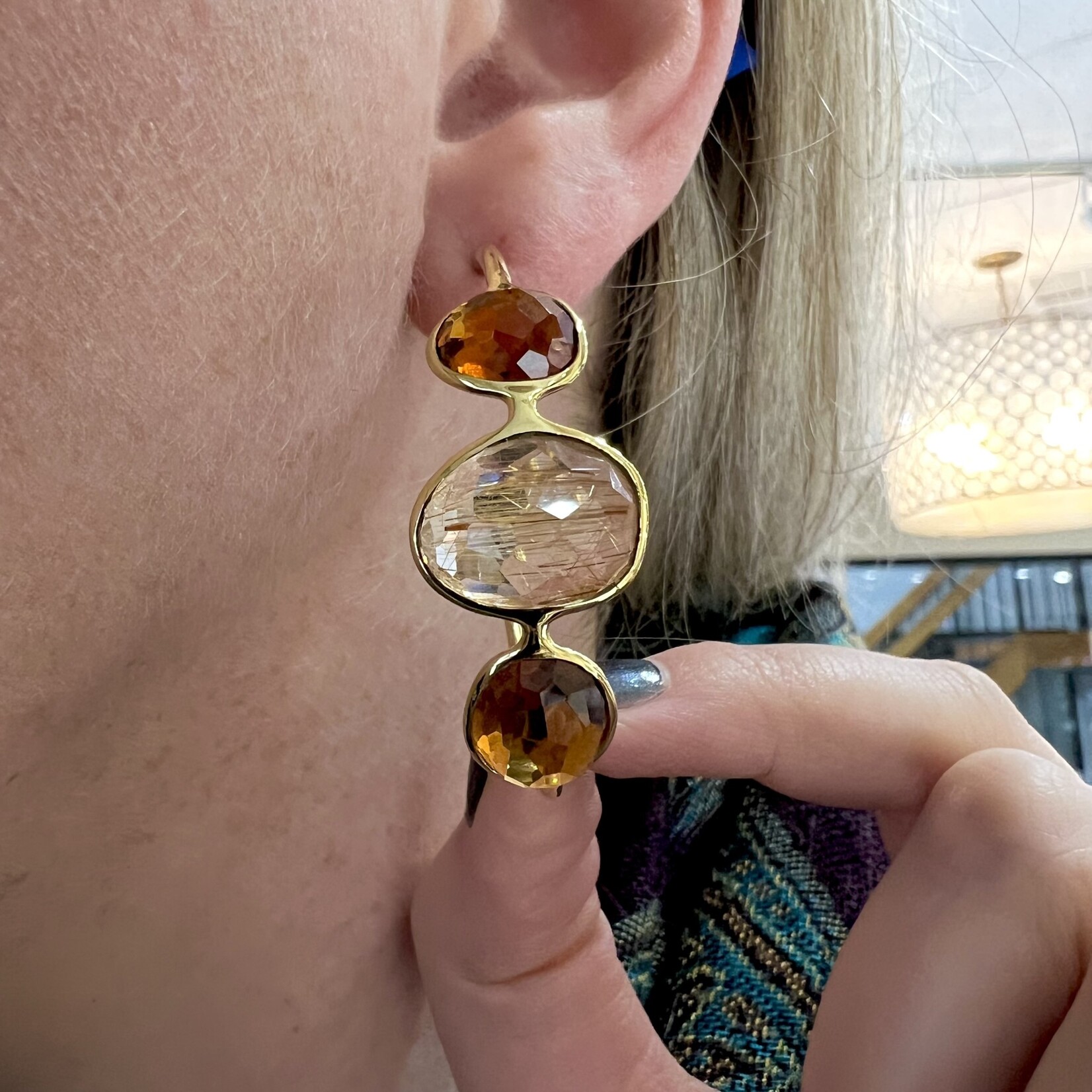18K Yellow Gold Mandarine Citrine, Citrine, Rutilated  Quartz Hoop Earrings