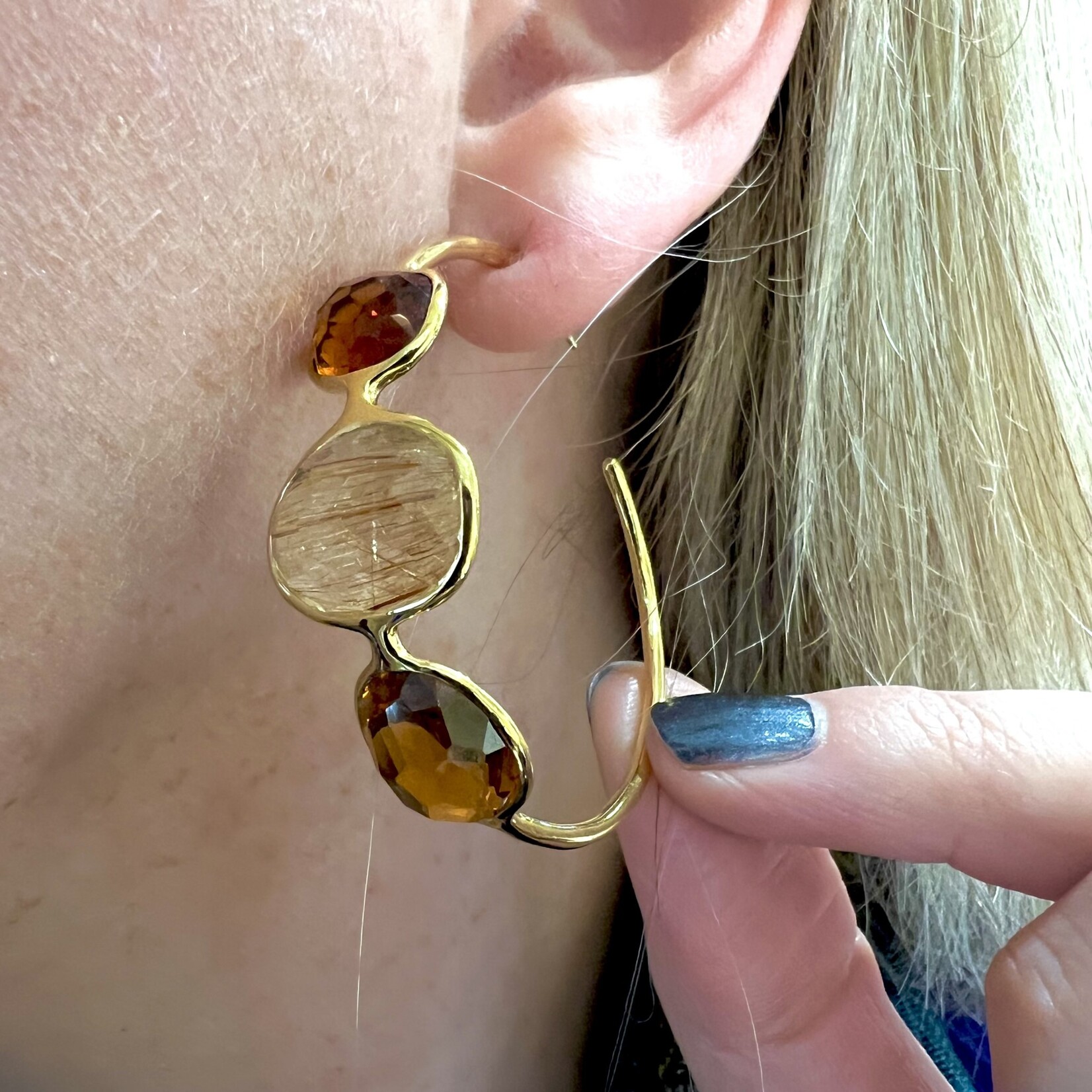 18K Yellow Gold Mandarine Citrine, Citrine, Rutilated  Quartz Hoop Earrings
