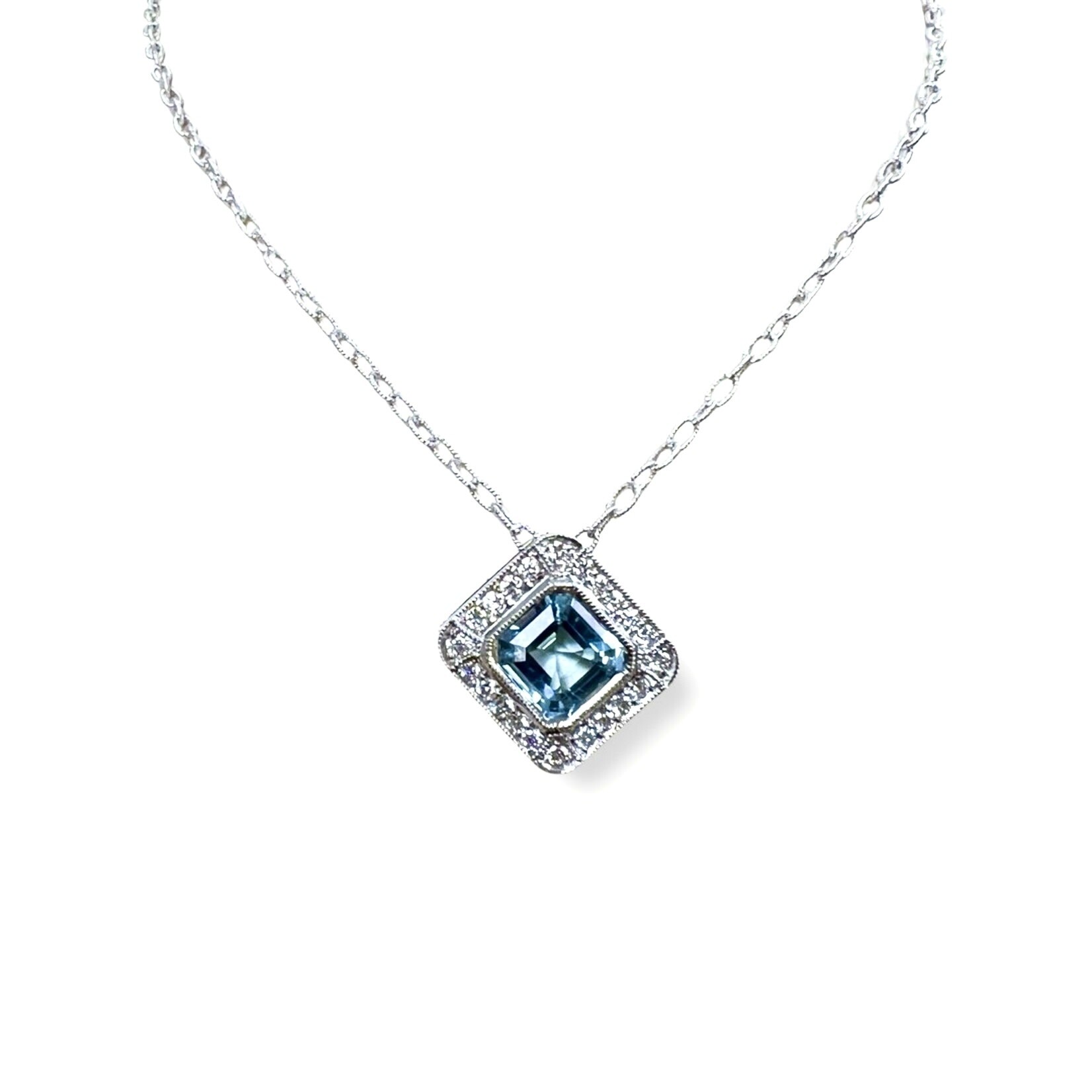 14K White Gold Aquamarine & Diamond Pendant