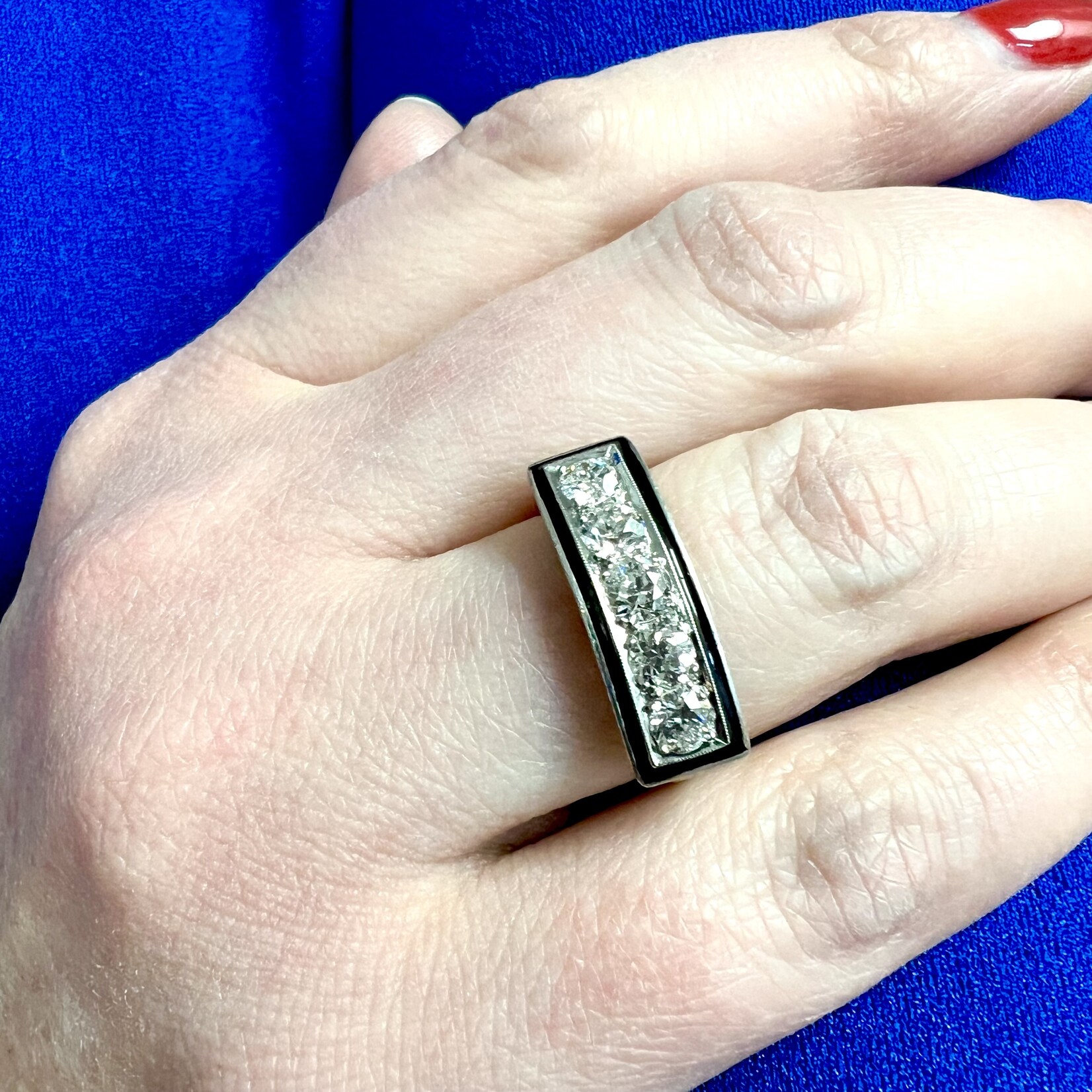 Edwardian Platinum Five Diamond & Enamel Ring