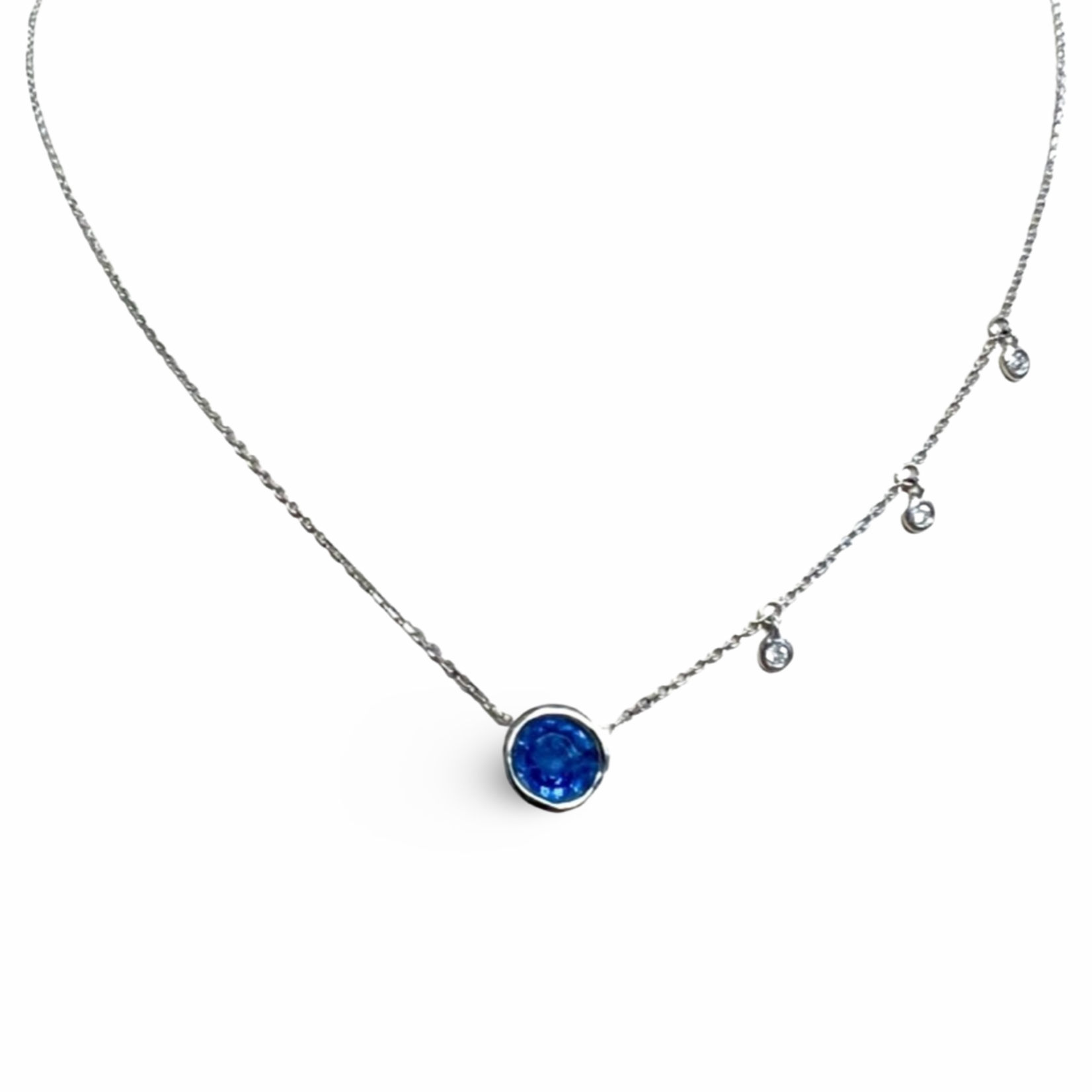 14K White Gold Sapphire & Dangling Diamond Bezel Necklace