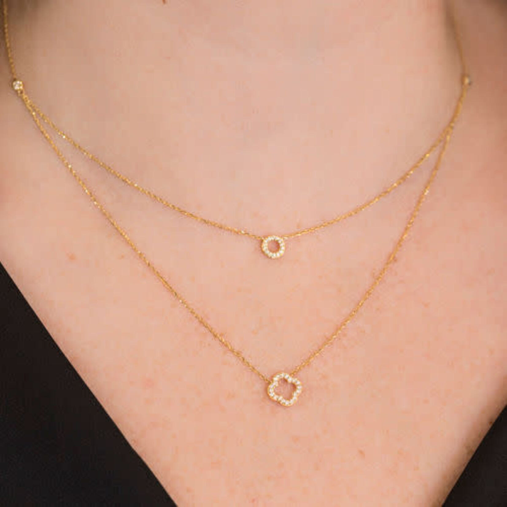 14K Yellow Gold Diamond Clover & Circle Layered Chain Necklace