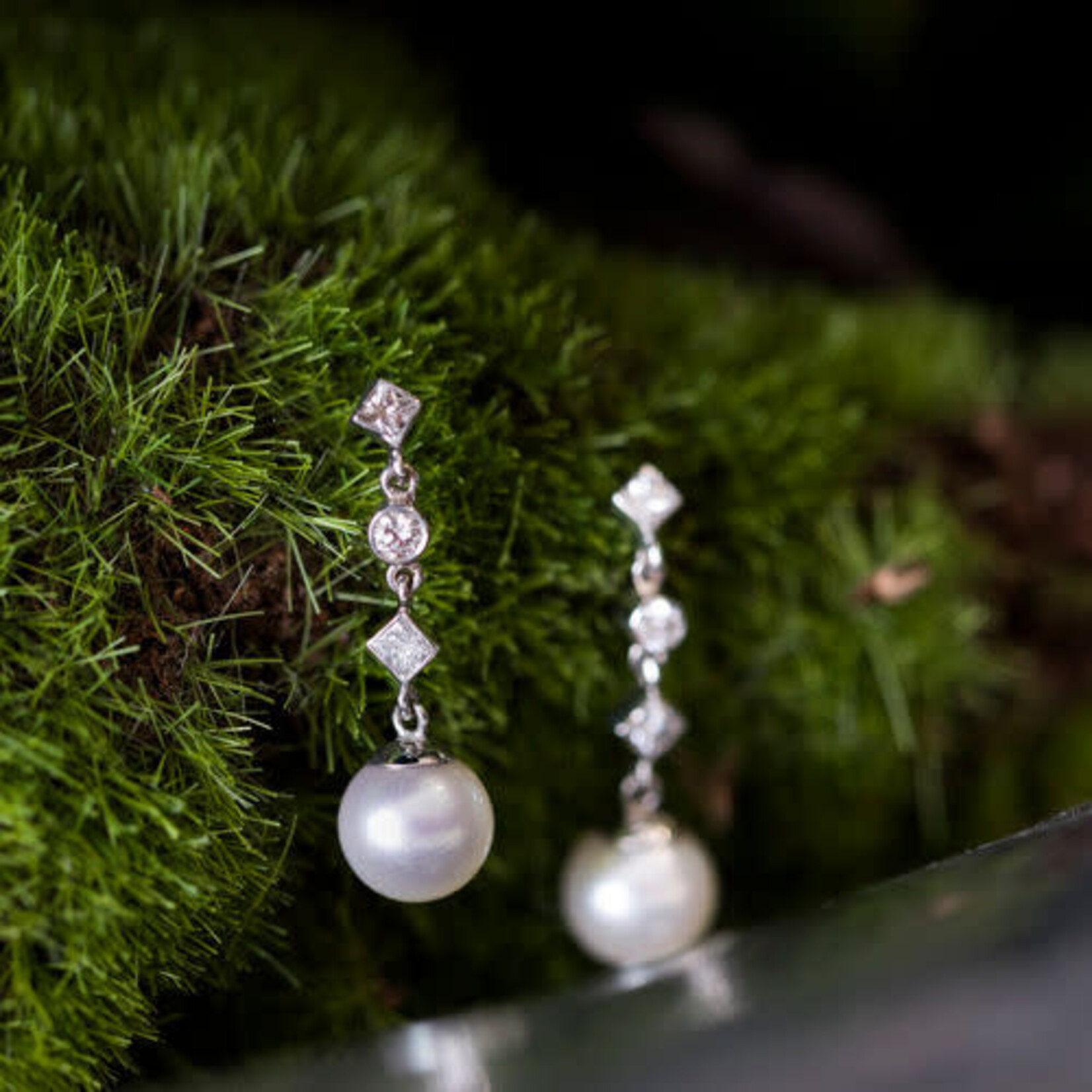 14K White Gold Akoya Pearl & Diamond Drop Earrings
