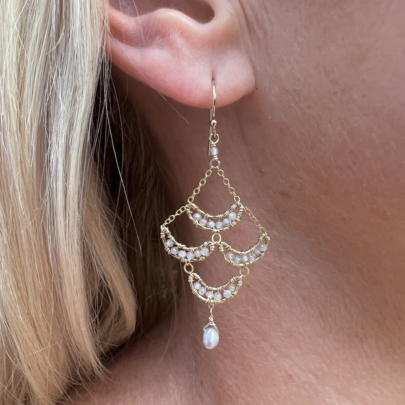 Michelle Pressler 14K Yellow Gold Filled and Vermeil White Natural Zircon and Keshi Pearl Earrings