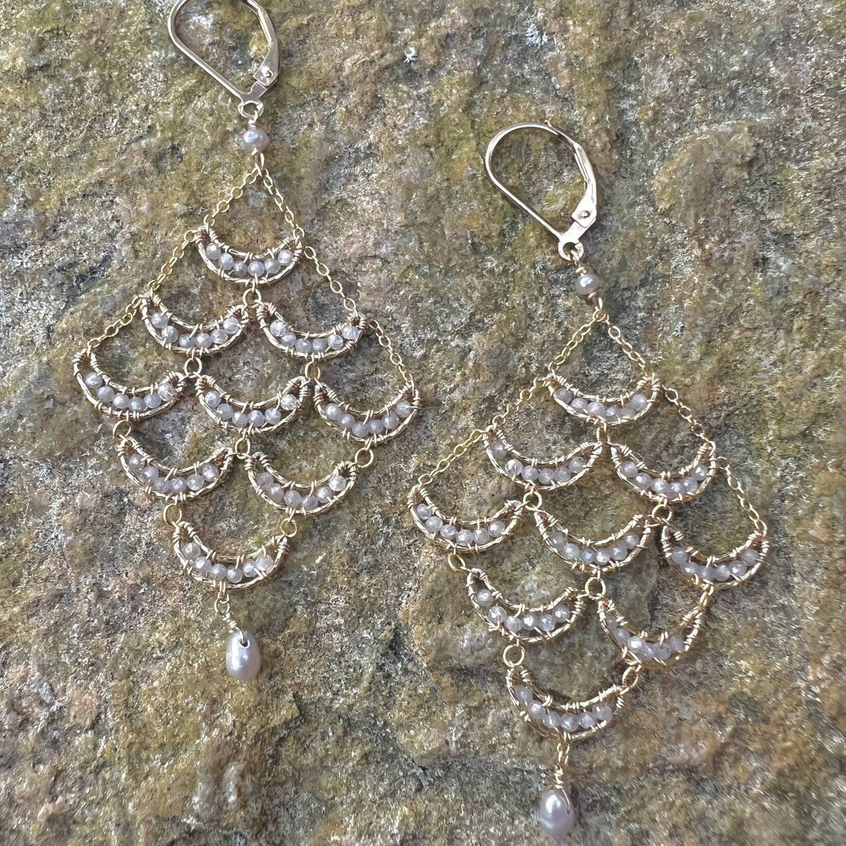 Michelle Pressler 14K Yellow Gold Overlay White Natural Zircon and Keshi Pearl Earrings