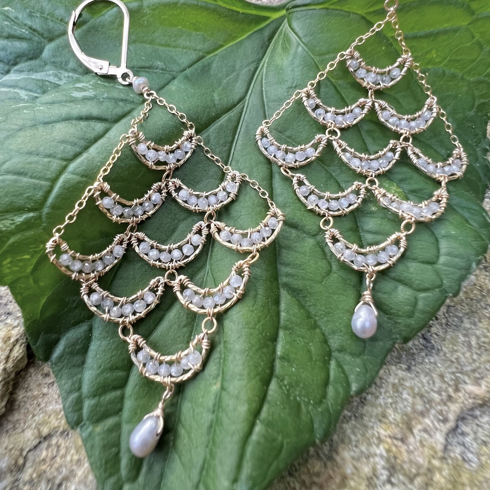 Michelle Pressler 14K Yellow Gold Overlay White Natural Zircon and Keshi Pearl Earrings