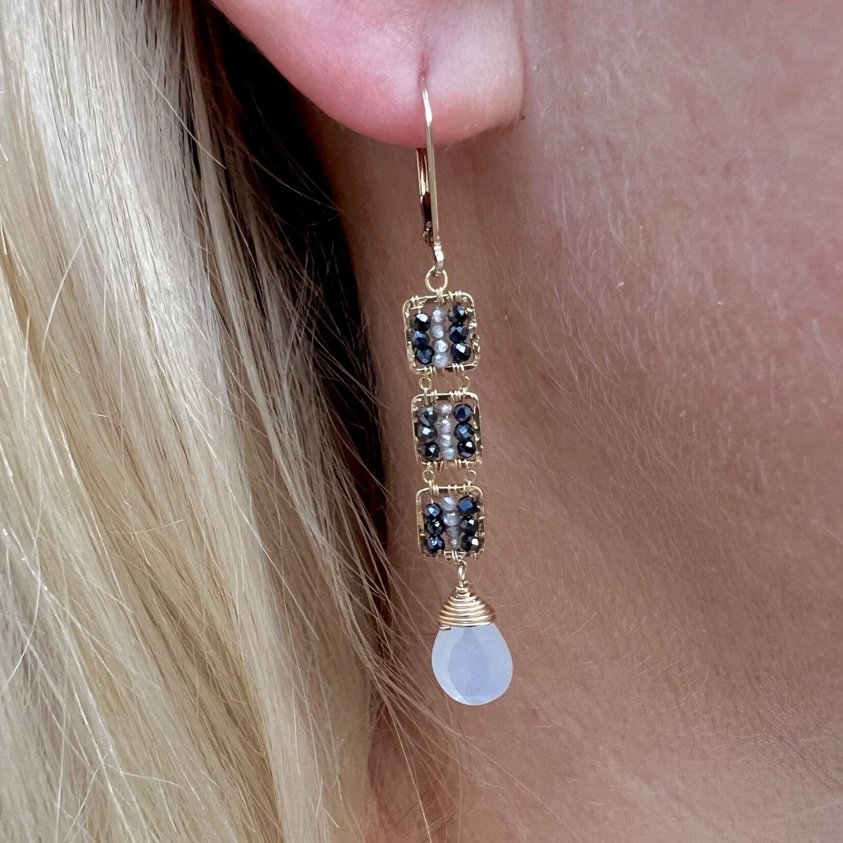 Michelle Pressler 14K Yellow Gold Overlay Zebra/ White Moonstone  (Grey Natural Zircon, Black Spinel) Earrings
