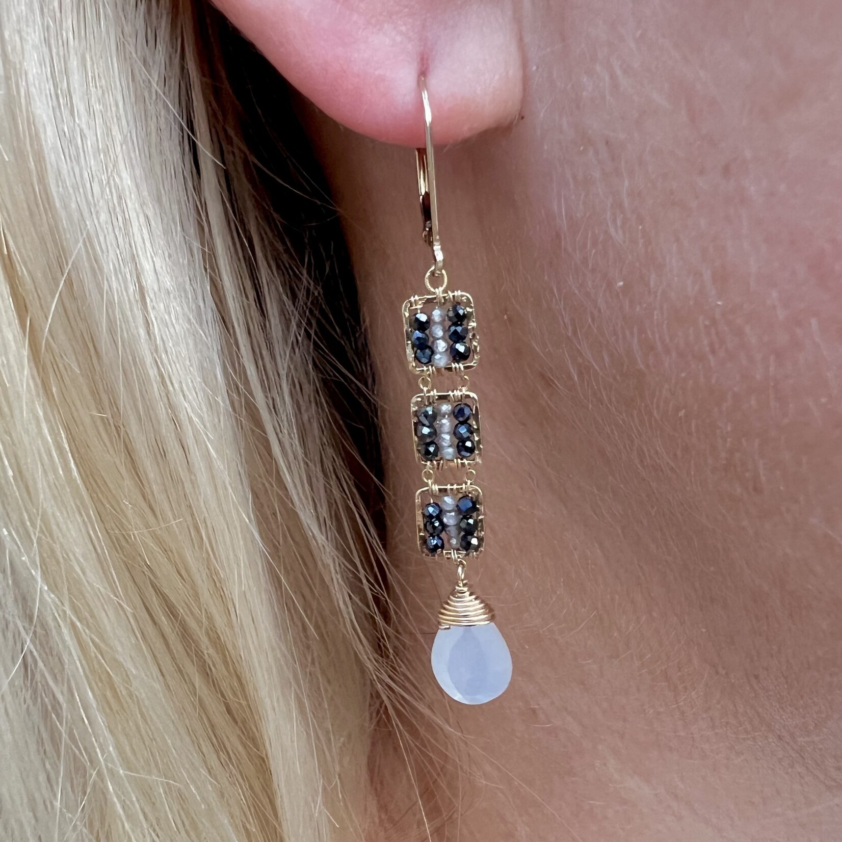 Michelle Pressler 14K YGP Zebra/ White Moonstone  (Grey Natural Zircon, Black Spinel) Earrings