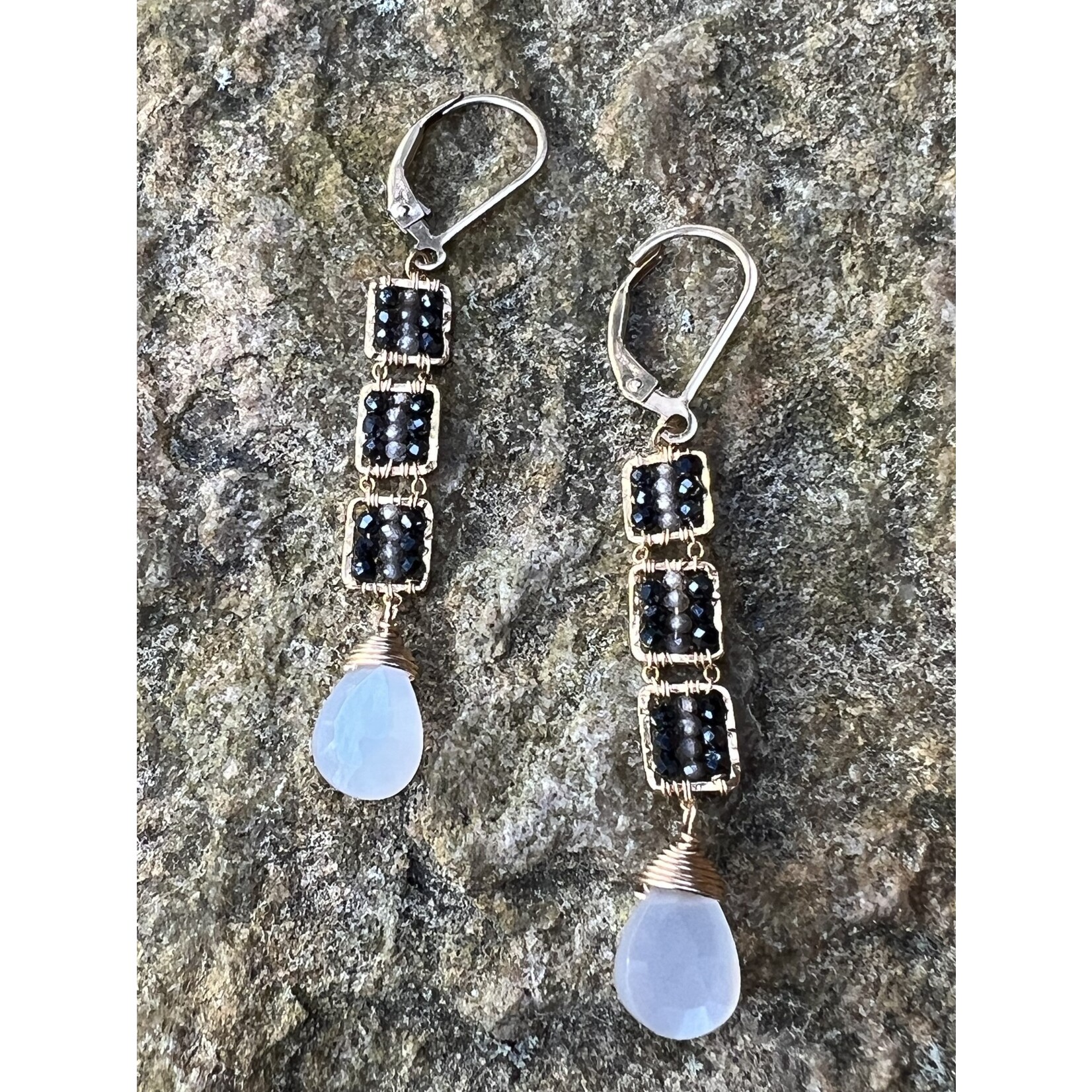 Michelle Pressler 14K YGP Zebra/ White Moonstone  (Grey Natural Zircon, Black Spinel) Earrings