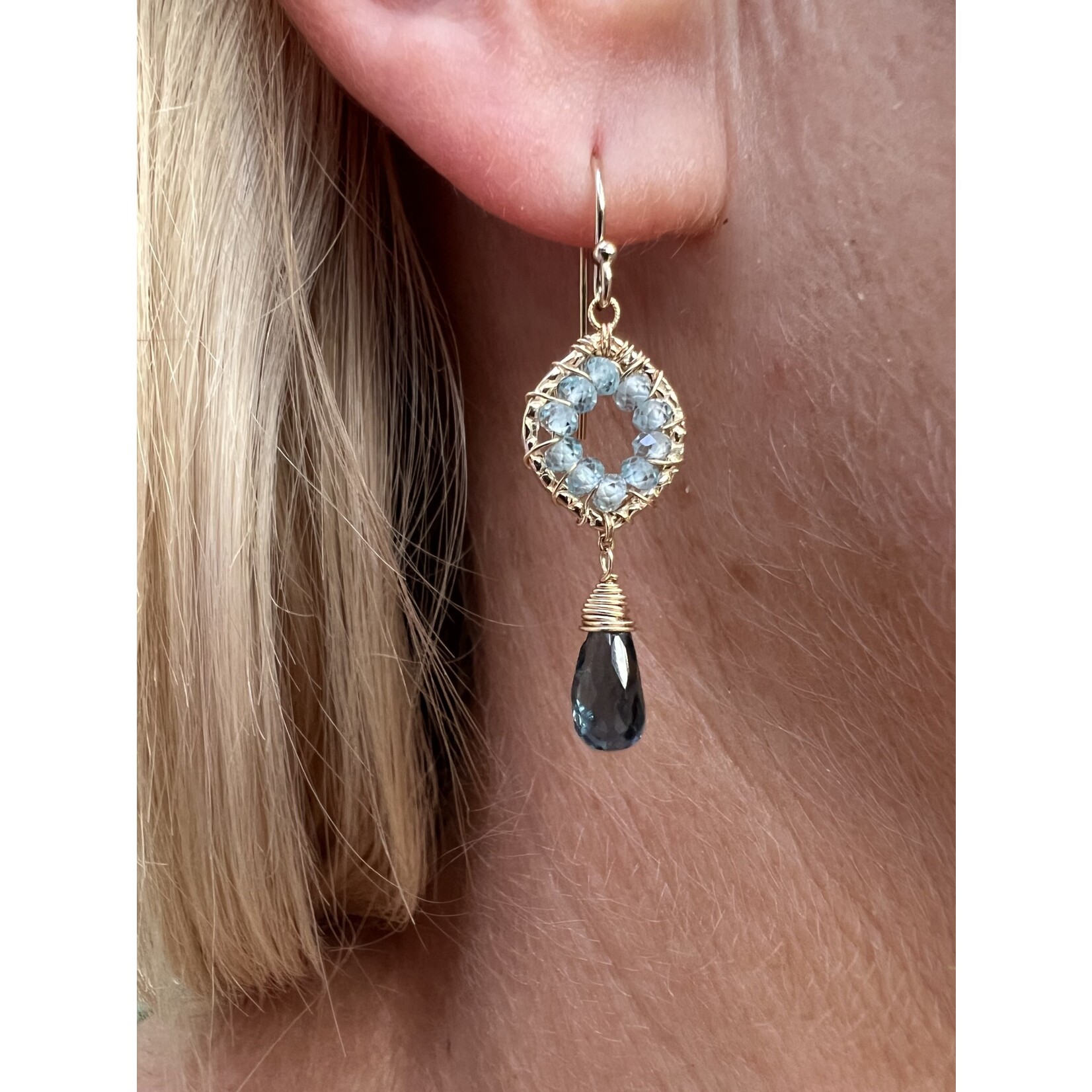 Michelle Pressler 14K Yellow Gold Plate Natural Blue Zircon/London Topaz Earrings