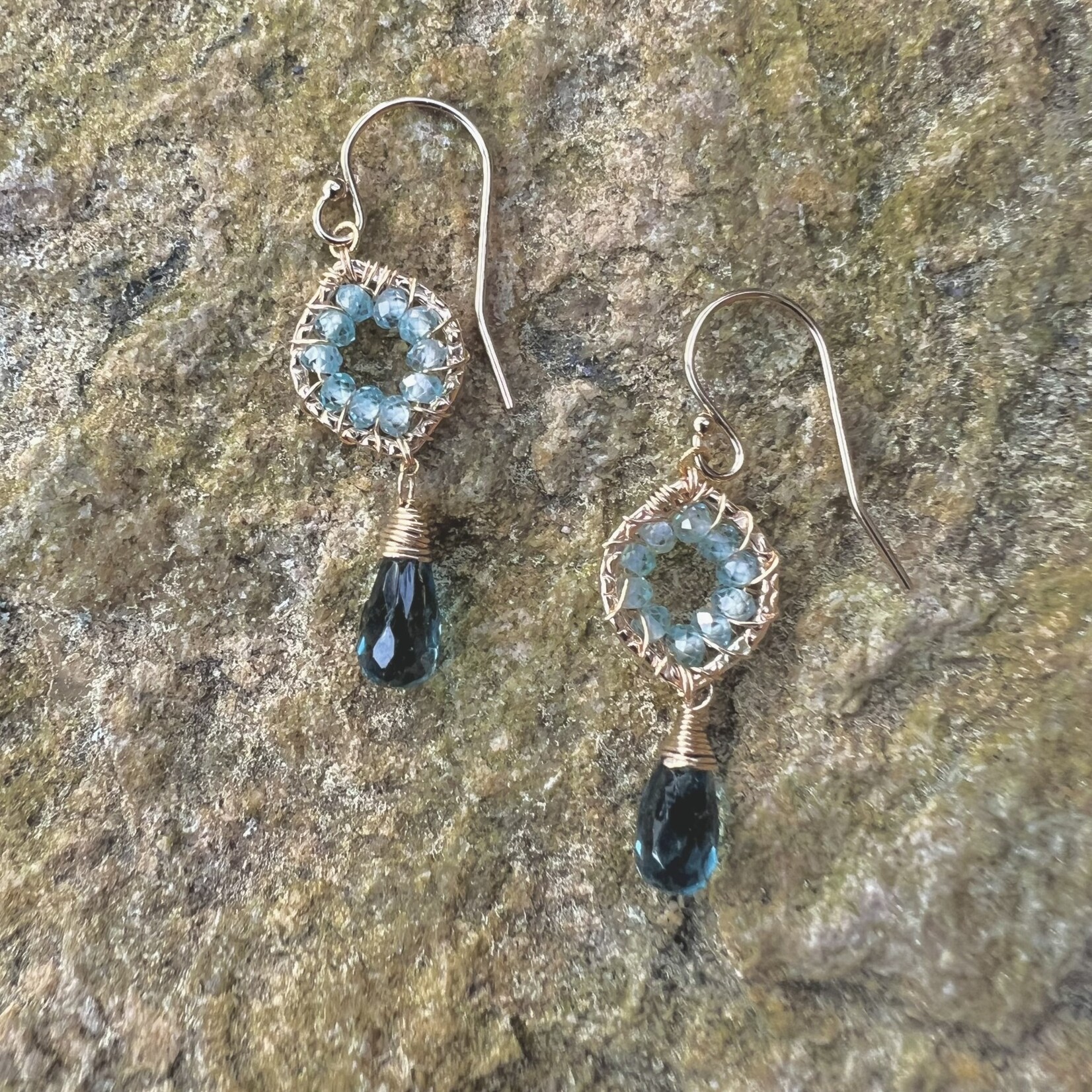 Michelle Pressler 14K Yellow Gold Overlay Natural Blue Zircon/London Topaz Earrings