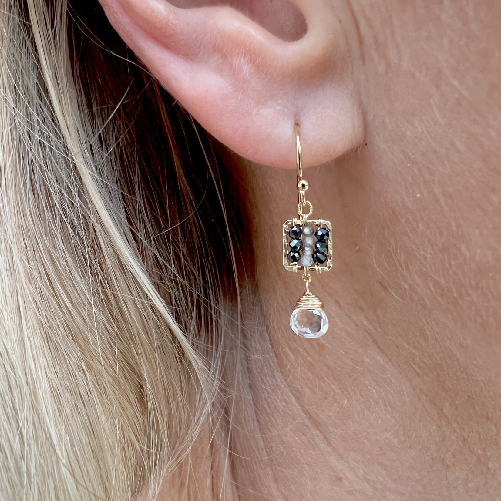 Michelle Pressler 14K Yellow Gold Overlay Square Zebra/White Topaz (Black Spinel, Grey Zircon) Earrings