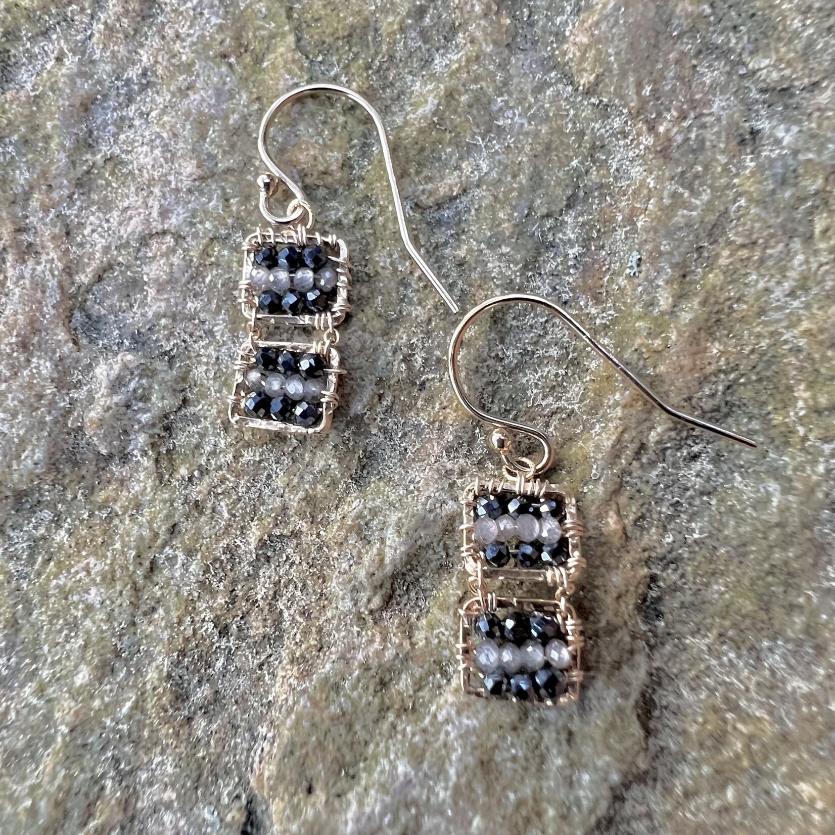 Michelle Pressler 14K YGP Double Square Zebra/White Topaz (Black Spinel, Grey Zircon) Earrings