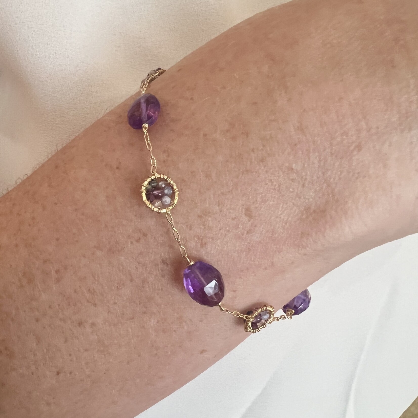 Michelle Pressler 14K Yellow Gold Overlay Plum Mix Amethyst, Australian Sapphire, Multi Spinel, Ruby, Purple Spinel, Lavender Coated Moon, Tanzanite Bracelet