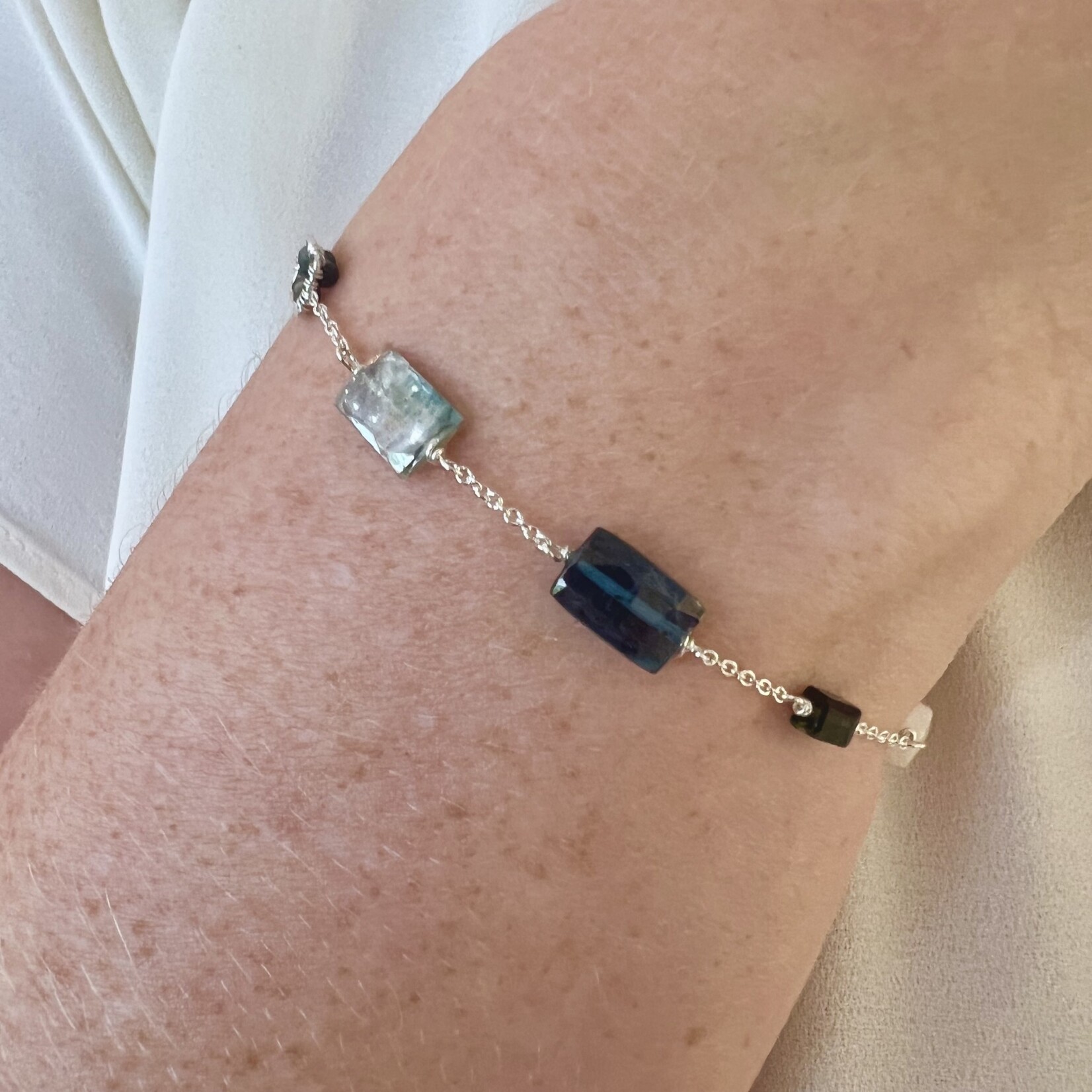 Michelle Pressler Sterling Silver Natural Blue Zircon, Labradorite, Australian Sapphire, Blue Kyanite, Kyanite, Green Tourmaline, Moonstone Bracelet