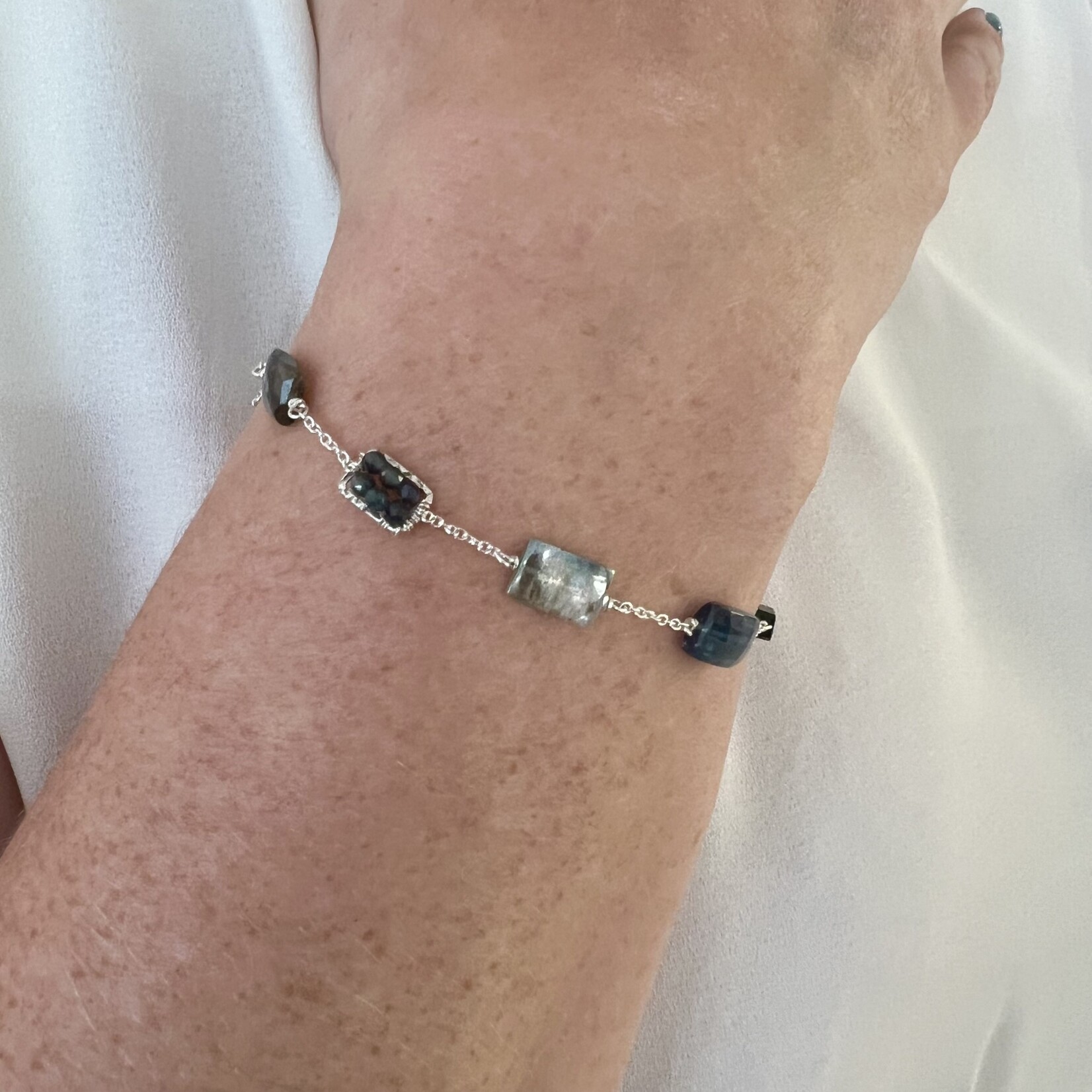 Michelle Pressler Sterling Silver Natural Blue Zircon, Labradorite, Australian Sapphire, Blue Kyanite, Kyanite, Green Tourmaline, Moonstone Bracelet