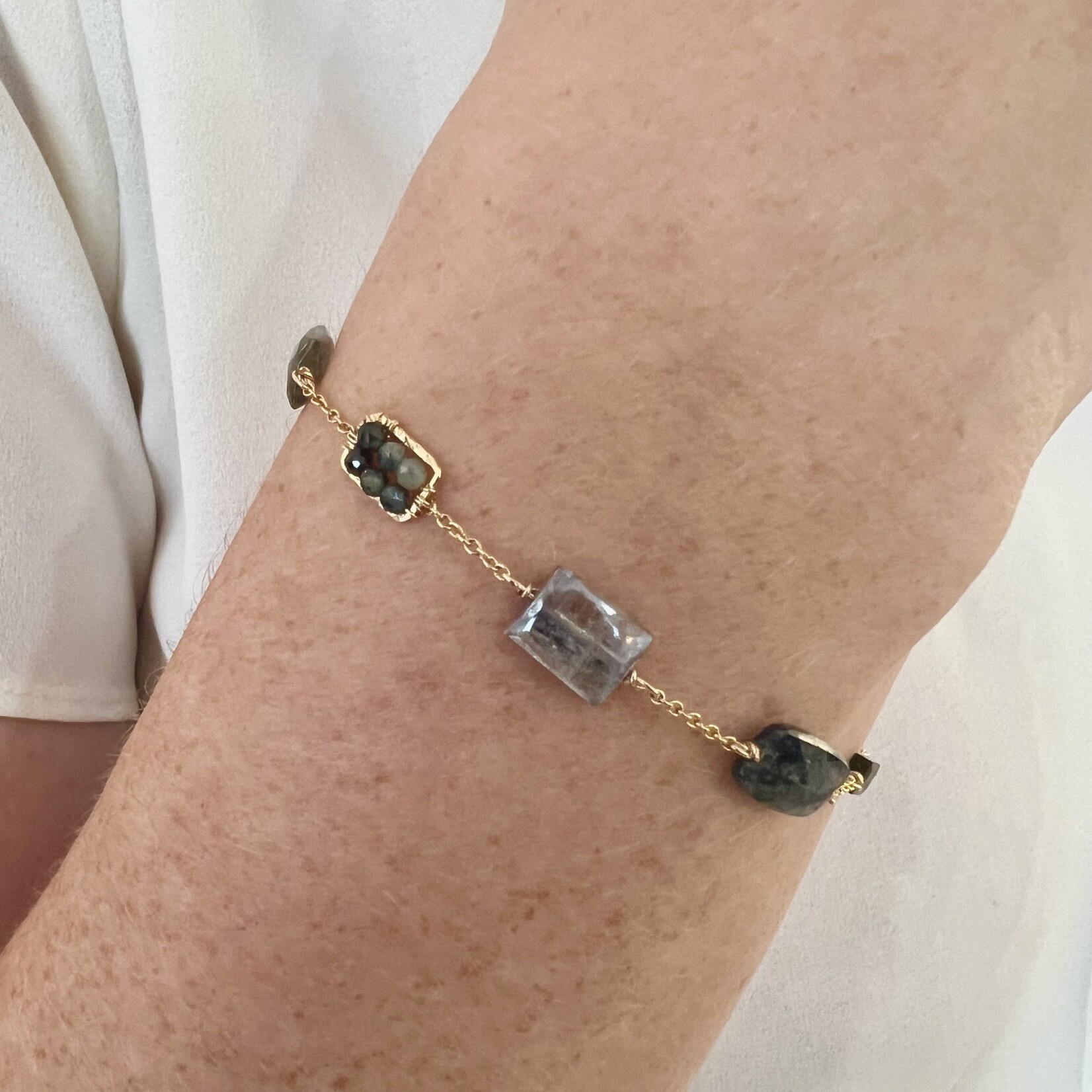 Michelle Pressler 14K Yellow Gold Overlay Natural Blue Zircon, Labradorite, Australian Sapphire, Blue Kyanite, Kyanite, Green Tourmaline, Moonstone Bracelet