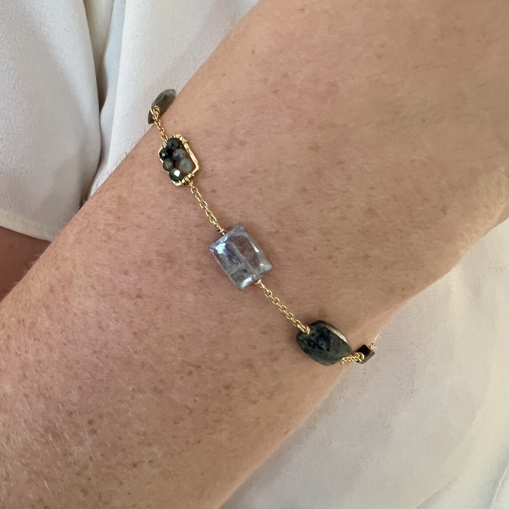 Michelle Pressler 14K Yellow Gold Overlay Natural Blue Zircon, Labradorite, Australian Sapphire, Blue Kyanite, Kyanite, Green Tourmaline, Moonstone Bracelet