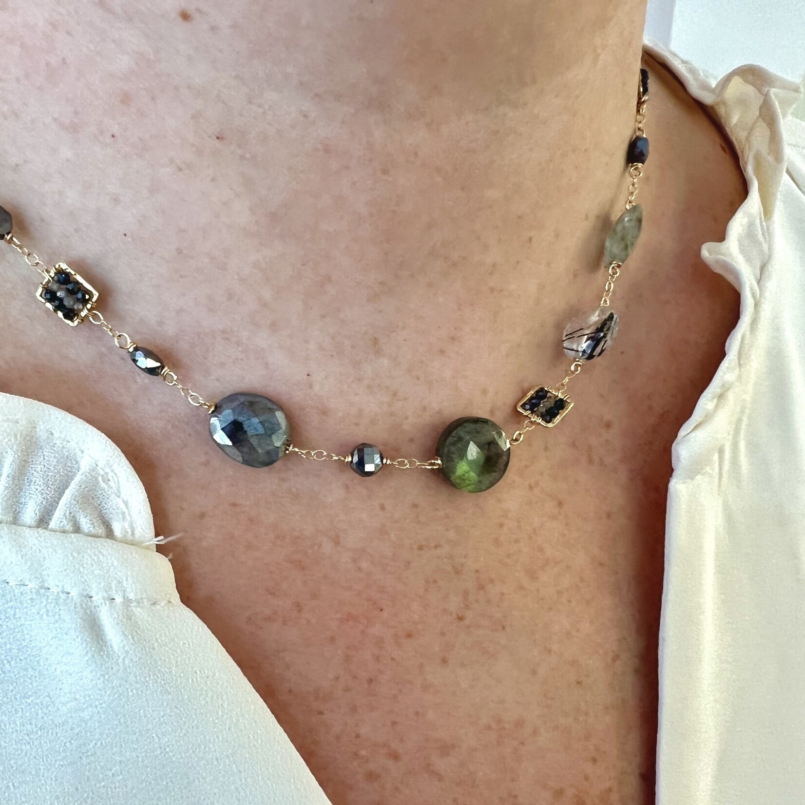 Michelle Pressler 14K Yellow Gold Plated Black Spinel, Labradorite, Coated Lab, Moss Aquamarine, Black Tourmalinated Quartz, Grey Zircon Necklace