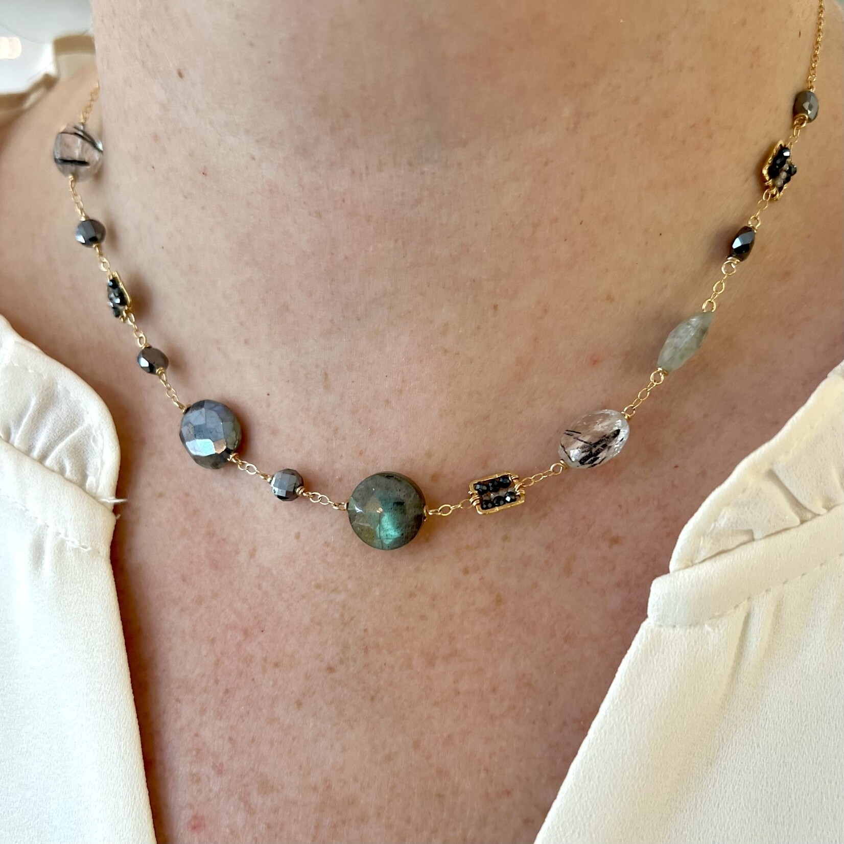 Michelle Pressler 14K Yellow Gold Plated Black Spinel, Labradorite, Coated Lab, Moss Aquamarine, Black Tourmalinated Quartz, Grey Zircon Necklace