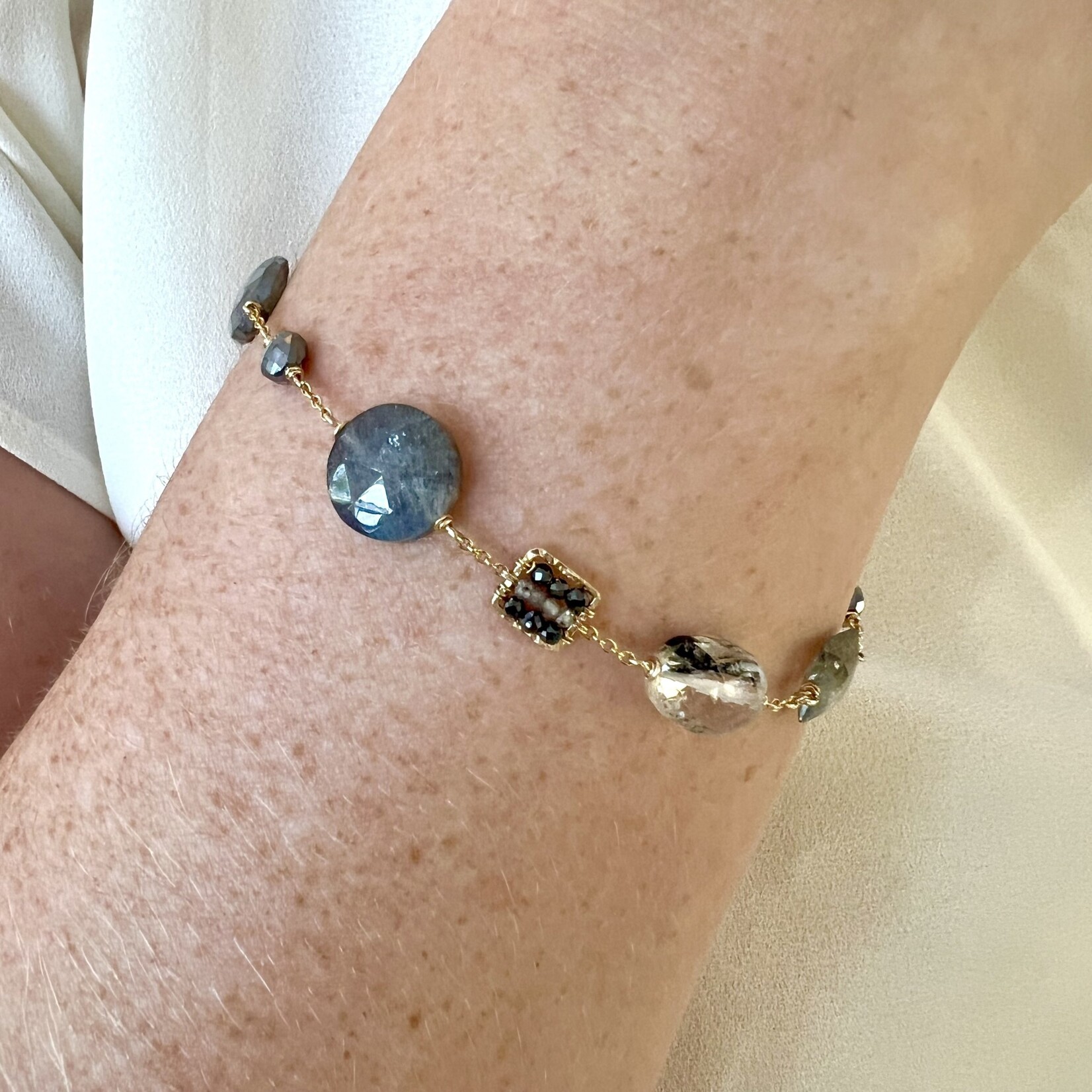 Michelle Pressler 14K Yellow Gold Overlay Black Spinel, Labradorite, Coated Lab, Moss Aquamarine, Black Tourmalinated Quartz, Grey Zircon Bracelet