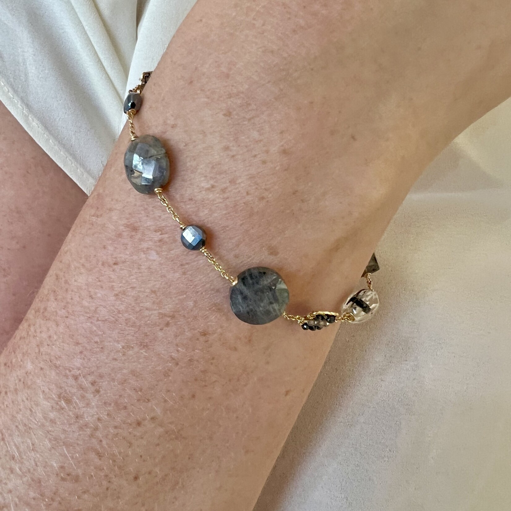 Michelle Pressler 14K Yellow Gold Overlay Black Spinel, Labradorite, Coated Lab, Moss Aquamarine, Black Tourmalinated Quartz, Grey Zircon Bracelet
