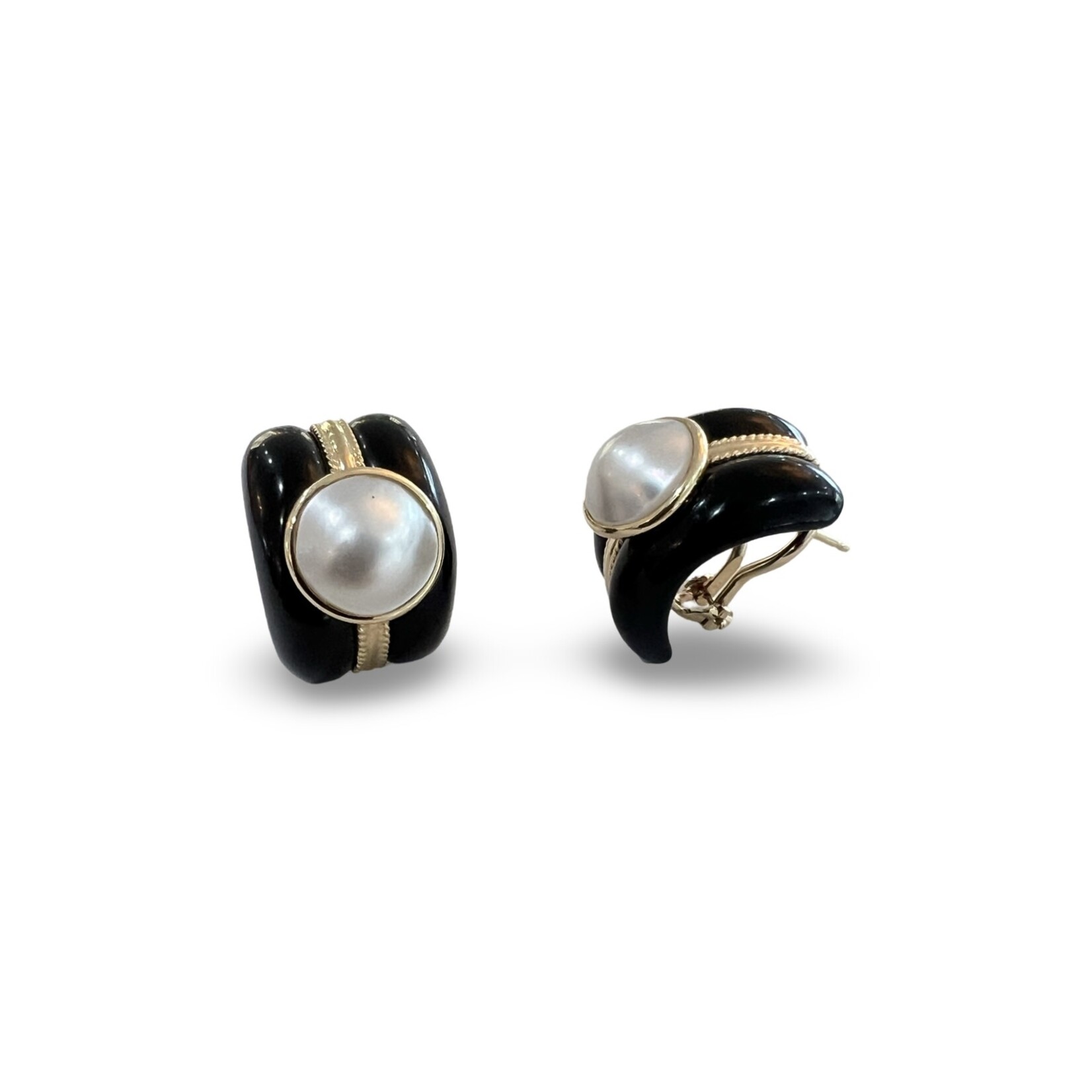 14K Yellow Gold Onyx and Mabe Pearl Earrings