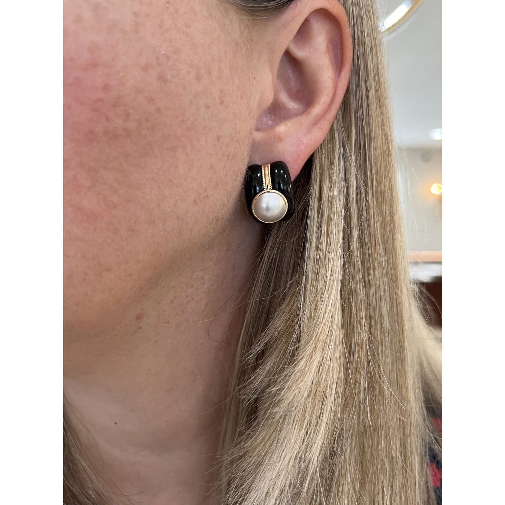 14K Yellow Gold Onyx and Mabe Pearl Earrings