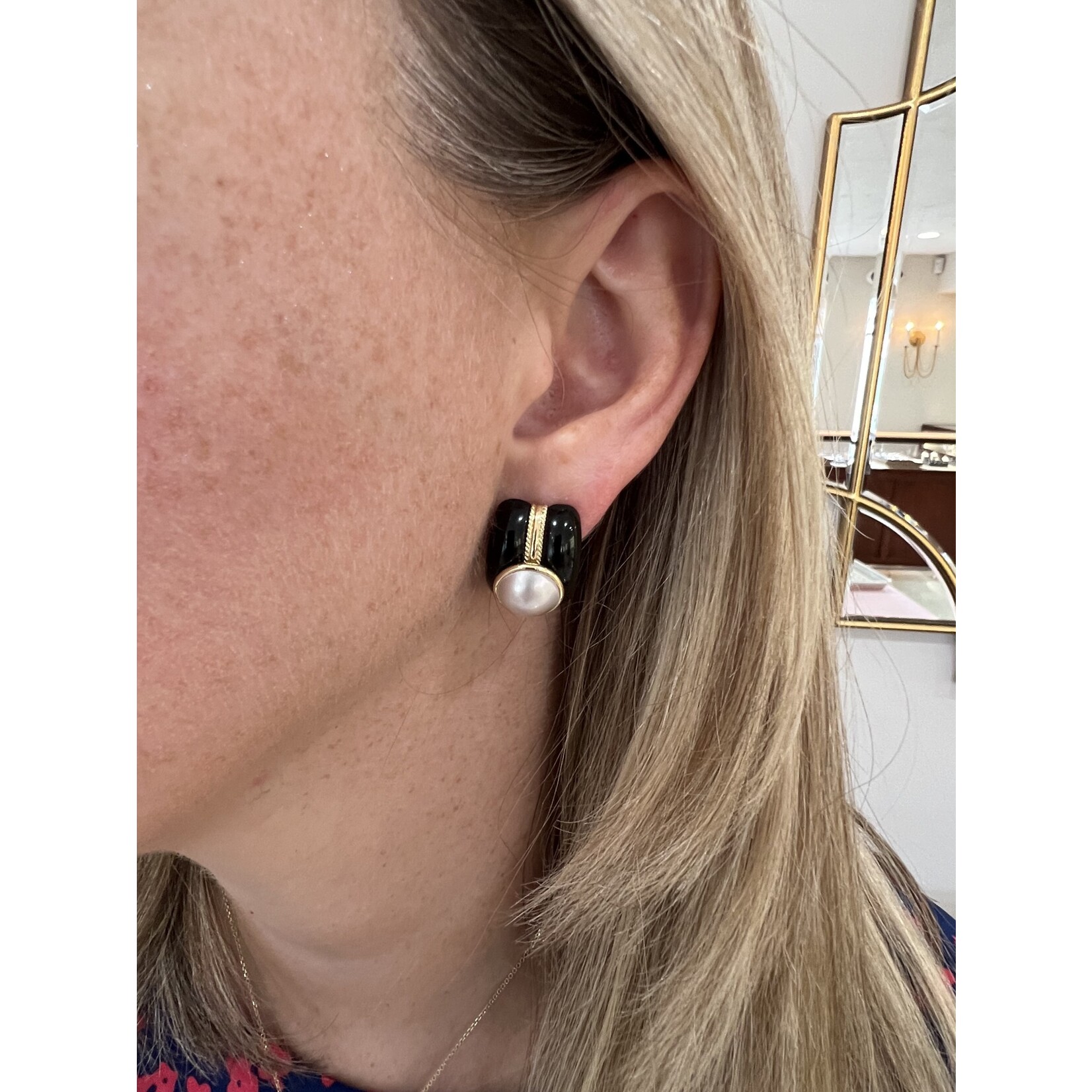 14K Yellow Gold Onyx and Mabe Pearl Earrings