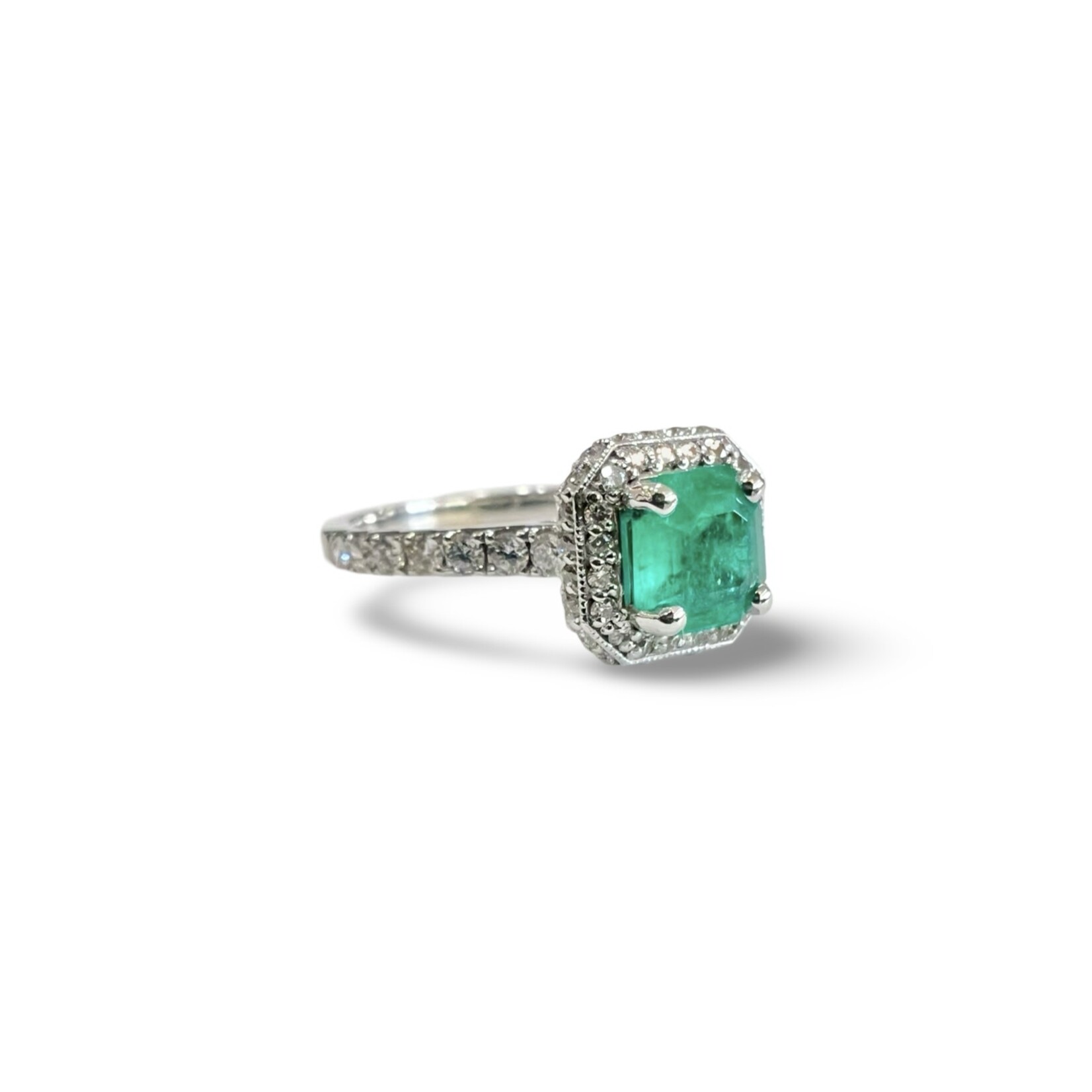 18K White Gold Emerald & Diamond Halo Ring