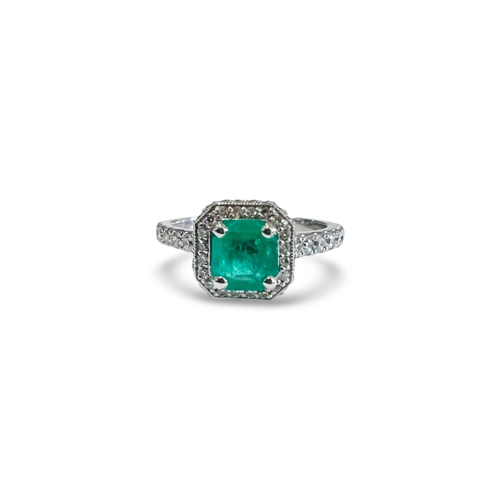 18K White Gold Emerald & Diamond Halo Ring