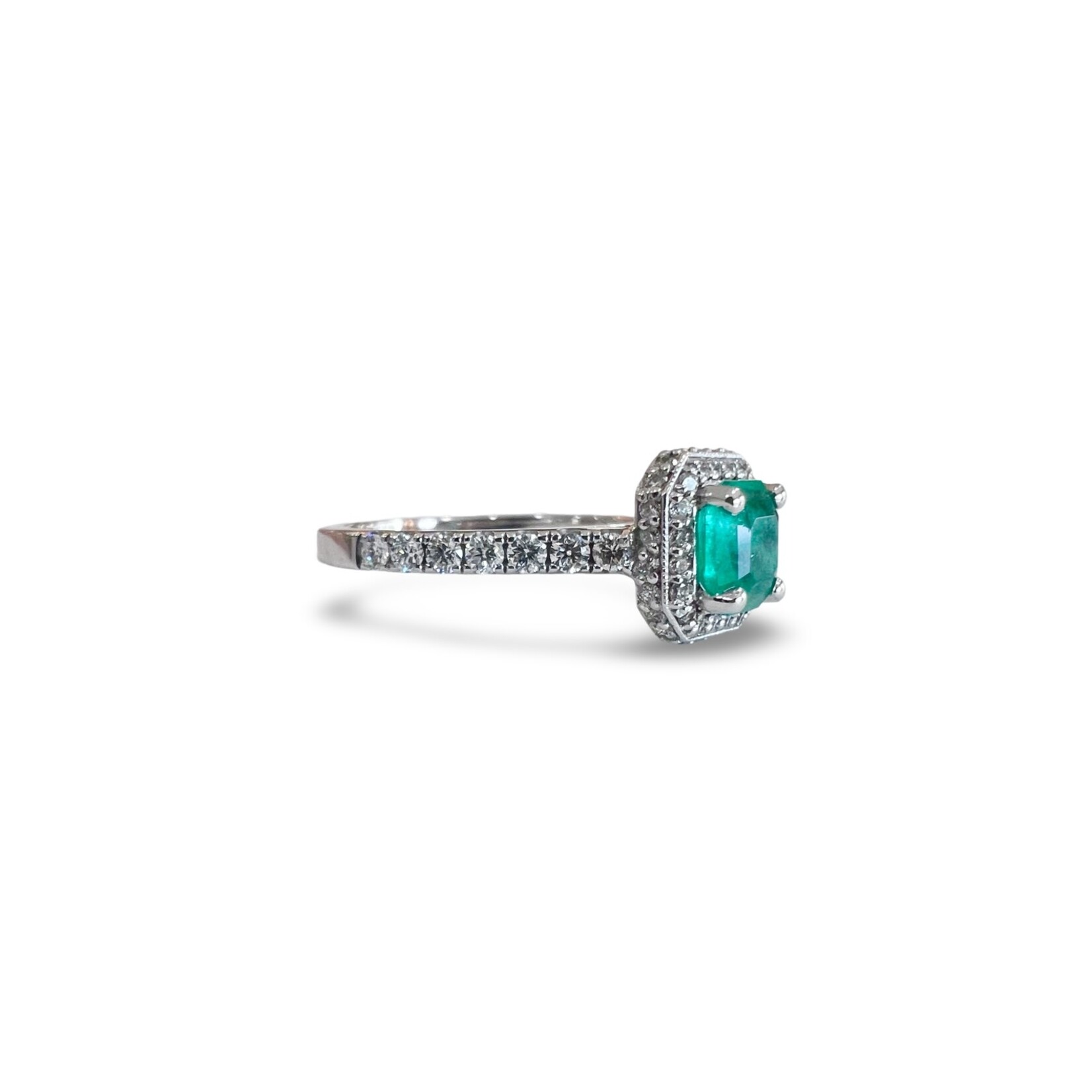 18K White Gold Emerald & Diamond Halo Ring