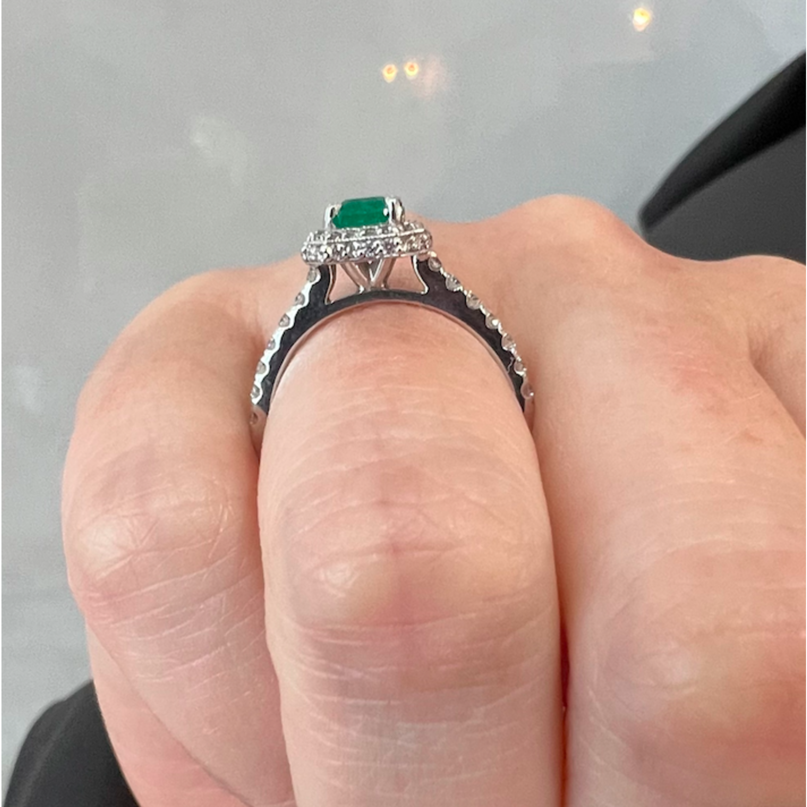 18K White Gold Emerald & Diamond Halo Ring