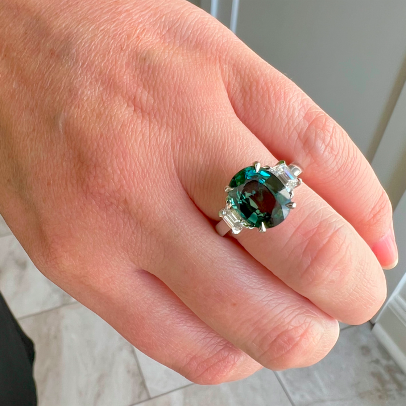 Platinum Oval Blue-Green Sapphire & Diamond Ring