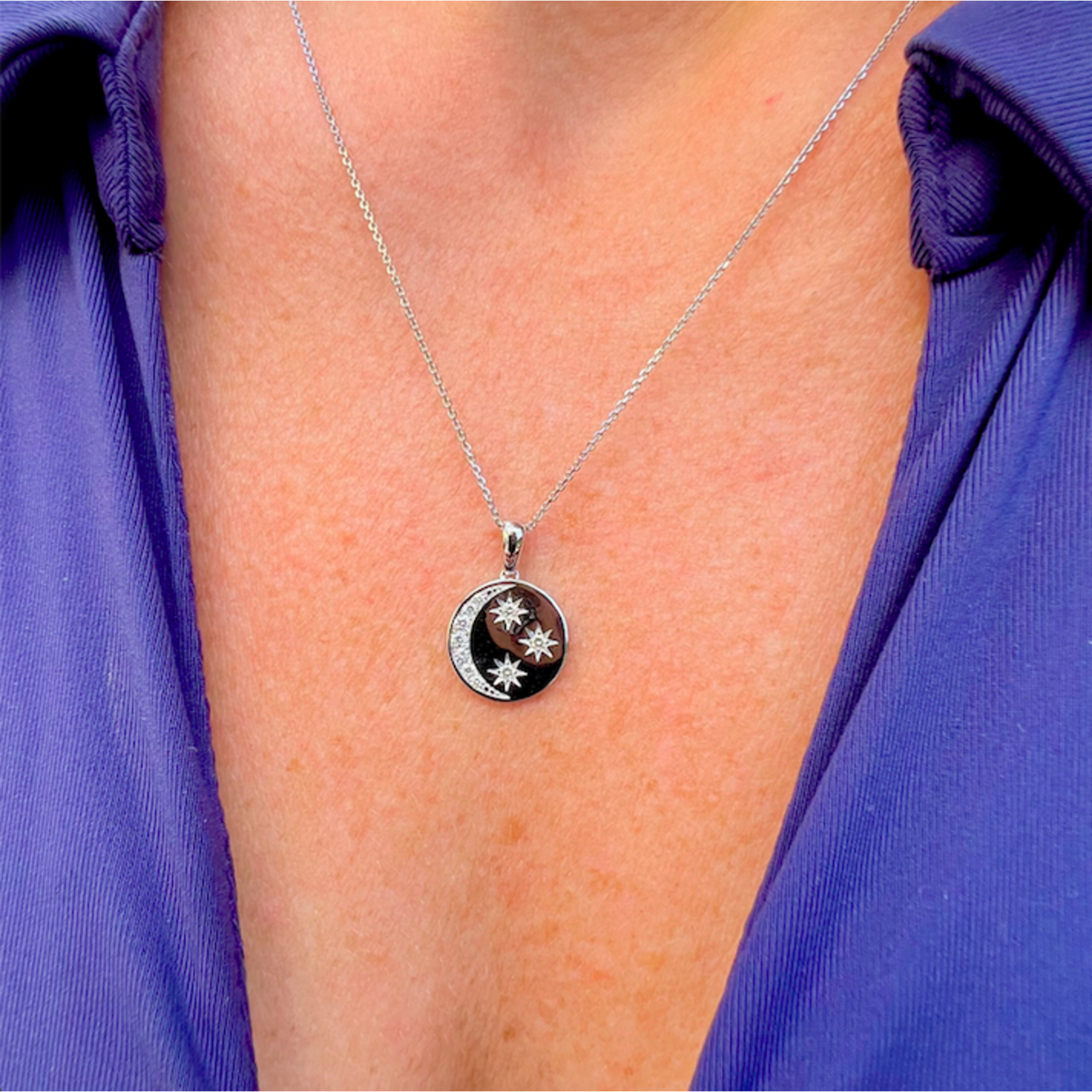 14K White Gold Diamond Moon & Stars Pendant