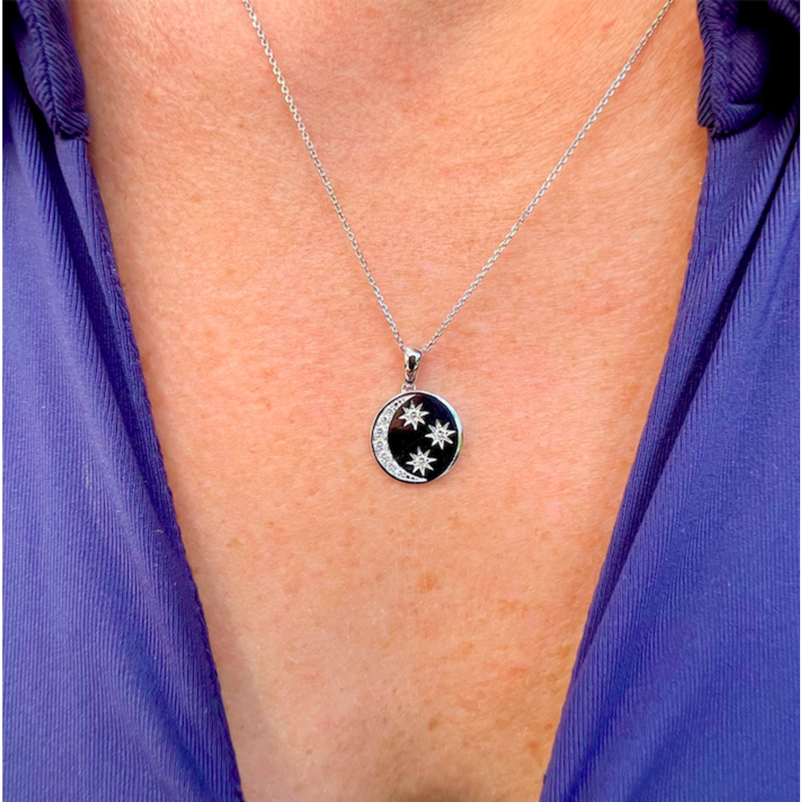 14K White Gold Diamond Moon & Stars Pendant